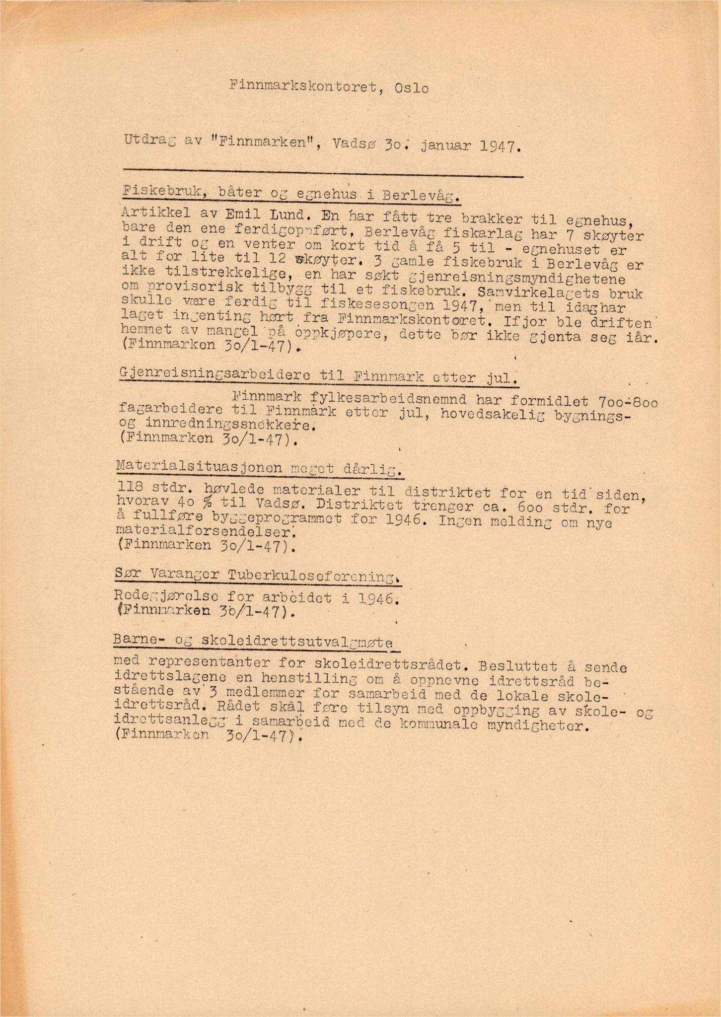 Finnmarkskontorets presse- og opplysningsarkiv , FMFB/A-1198/E/L0008/0002: 6. Presse / Utdrag av Finnmarken 1945-1948, to mapper