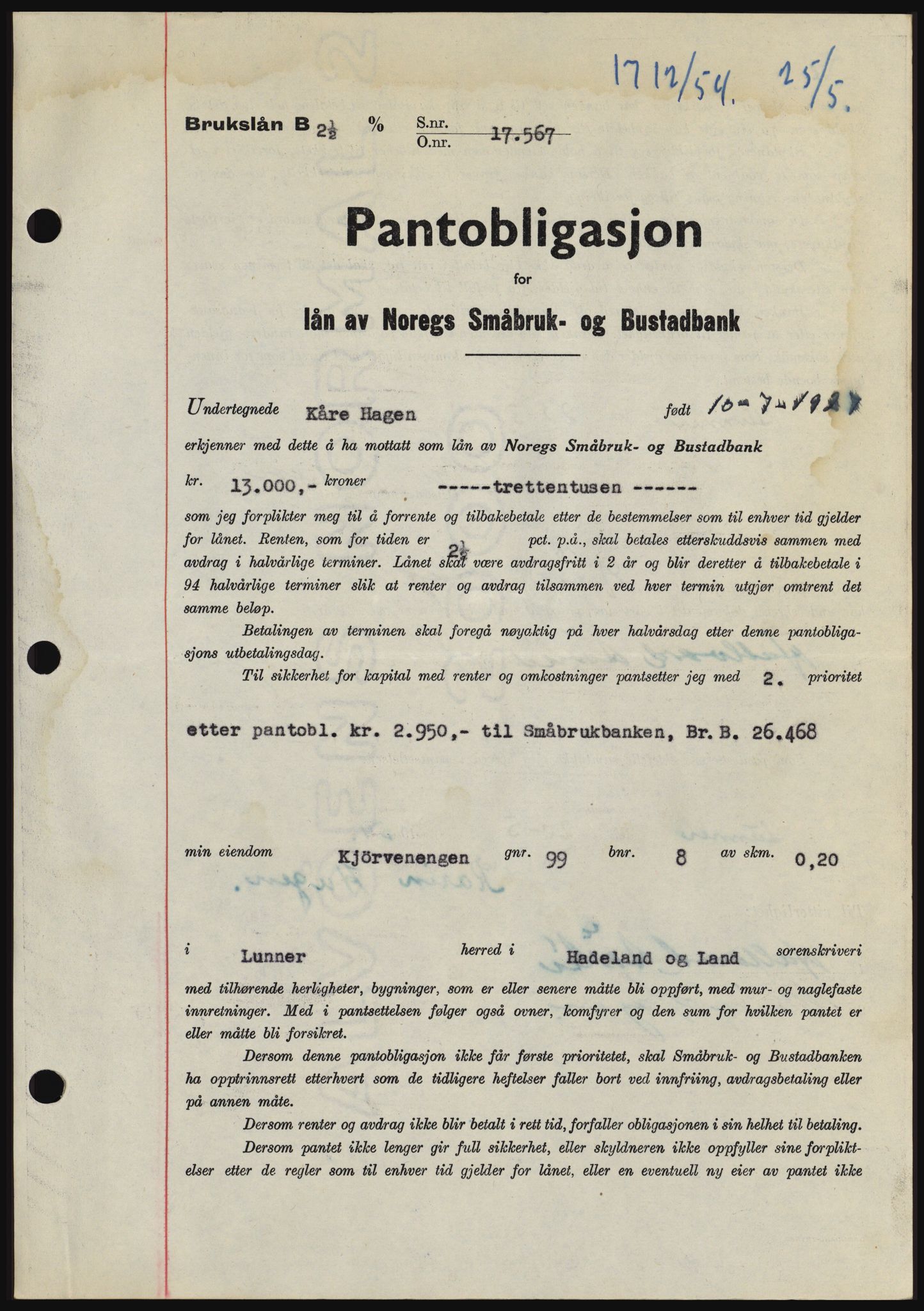 Hadeland og Land tingrett, SAH/TING-010/H/Hb/Hbc/L0029: Pantebok nr. B29, 1954-1954, Dagboknr: 1712/1954