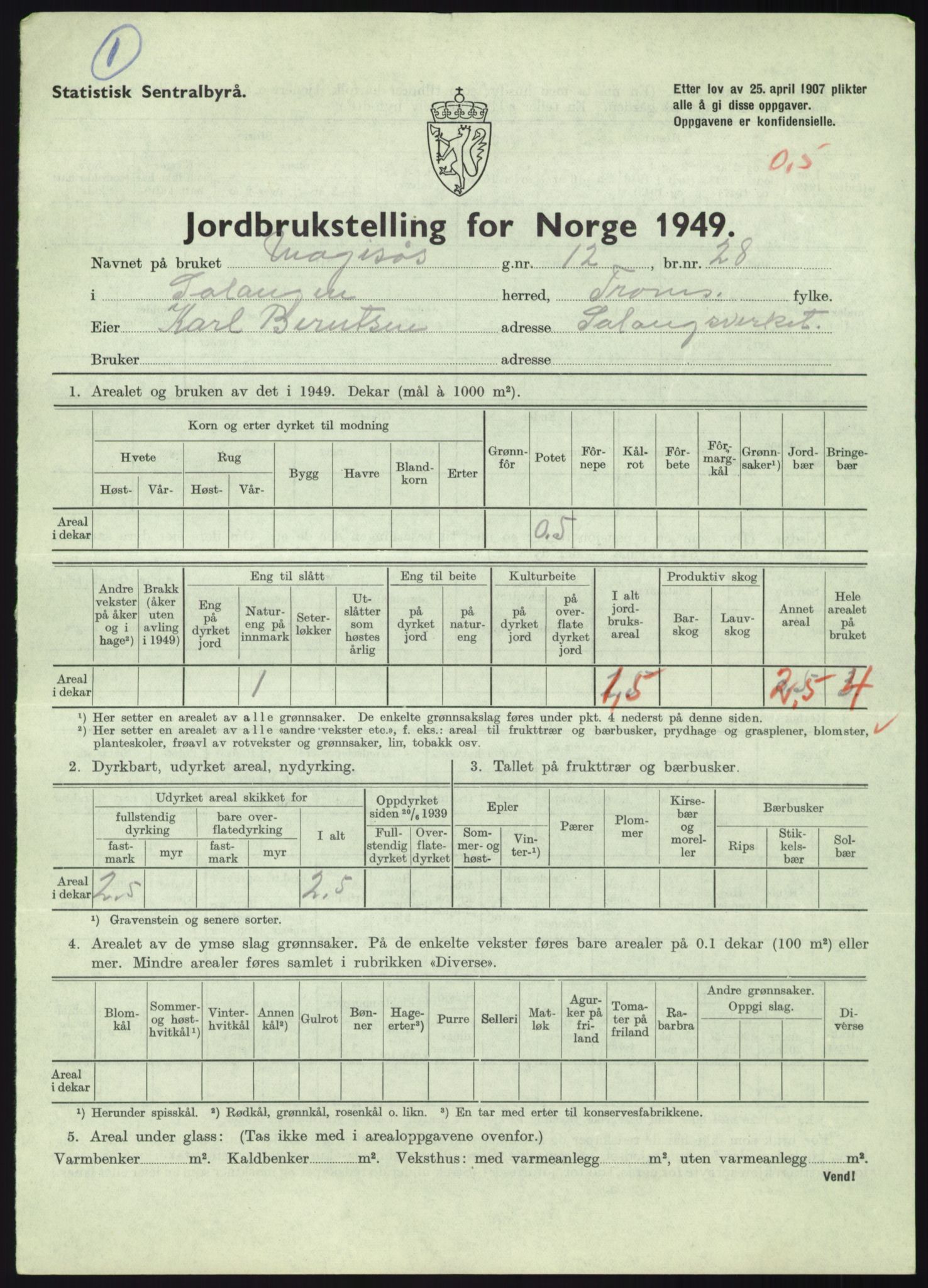Statistisk sentralbyrå, Næringsøkonomiske emner, Jordbruk, skogbruk, jakt, fiske og fangst, AV/RA-S-2234/G/Gc/L0438: Troms: Salangen og Bardu, 1949, s. 42