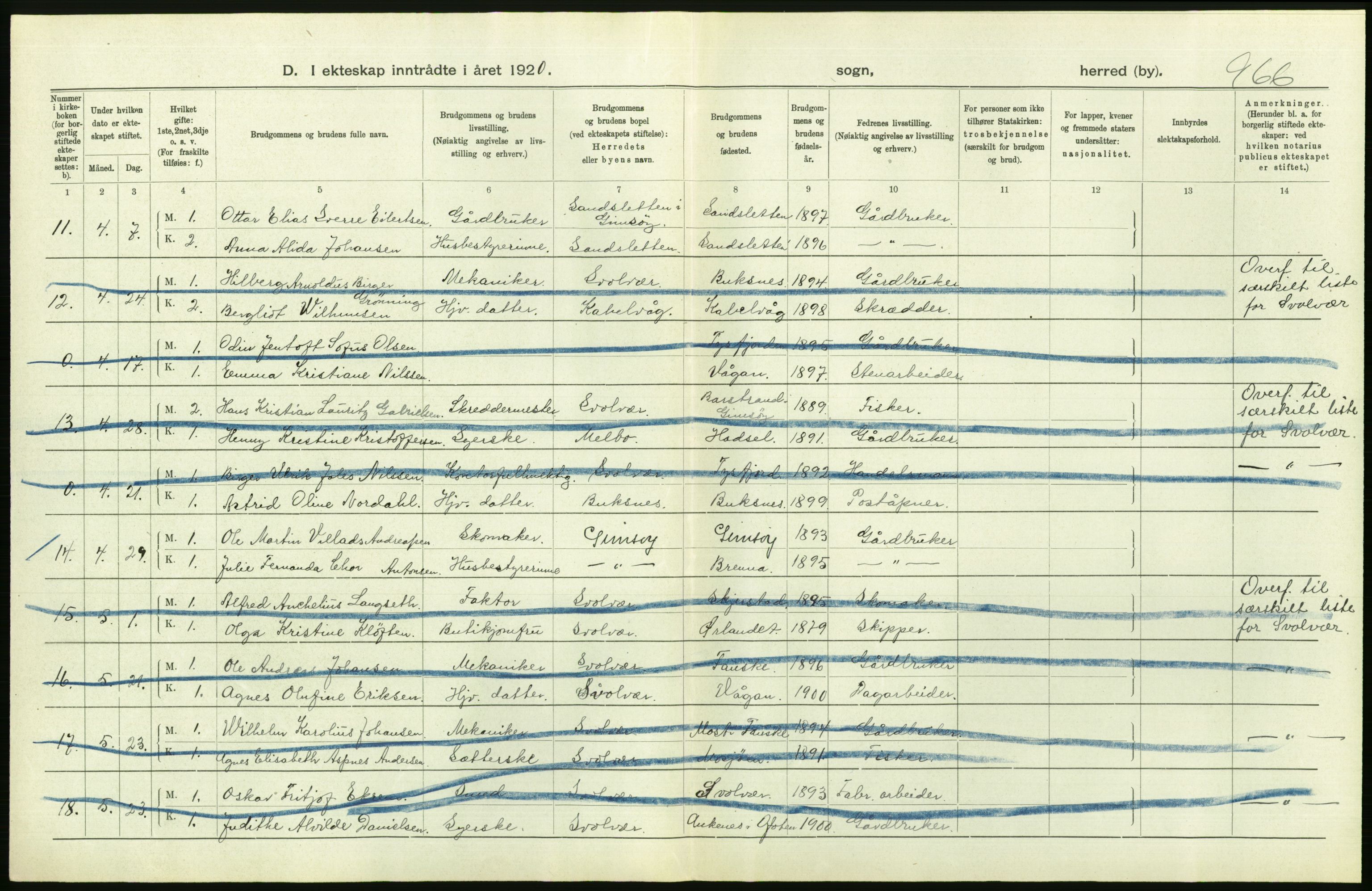 Statistisk sentralbyrå, Sosiodemografiske emner, Befolkning, RA/S-2228/D/Df/Dfb/Dfbj/L0057: Nordland fylke: Gifte, dødfødte. Bygder og byer., 1920, s. 230