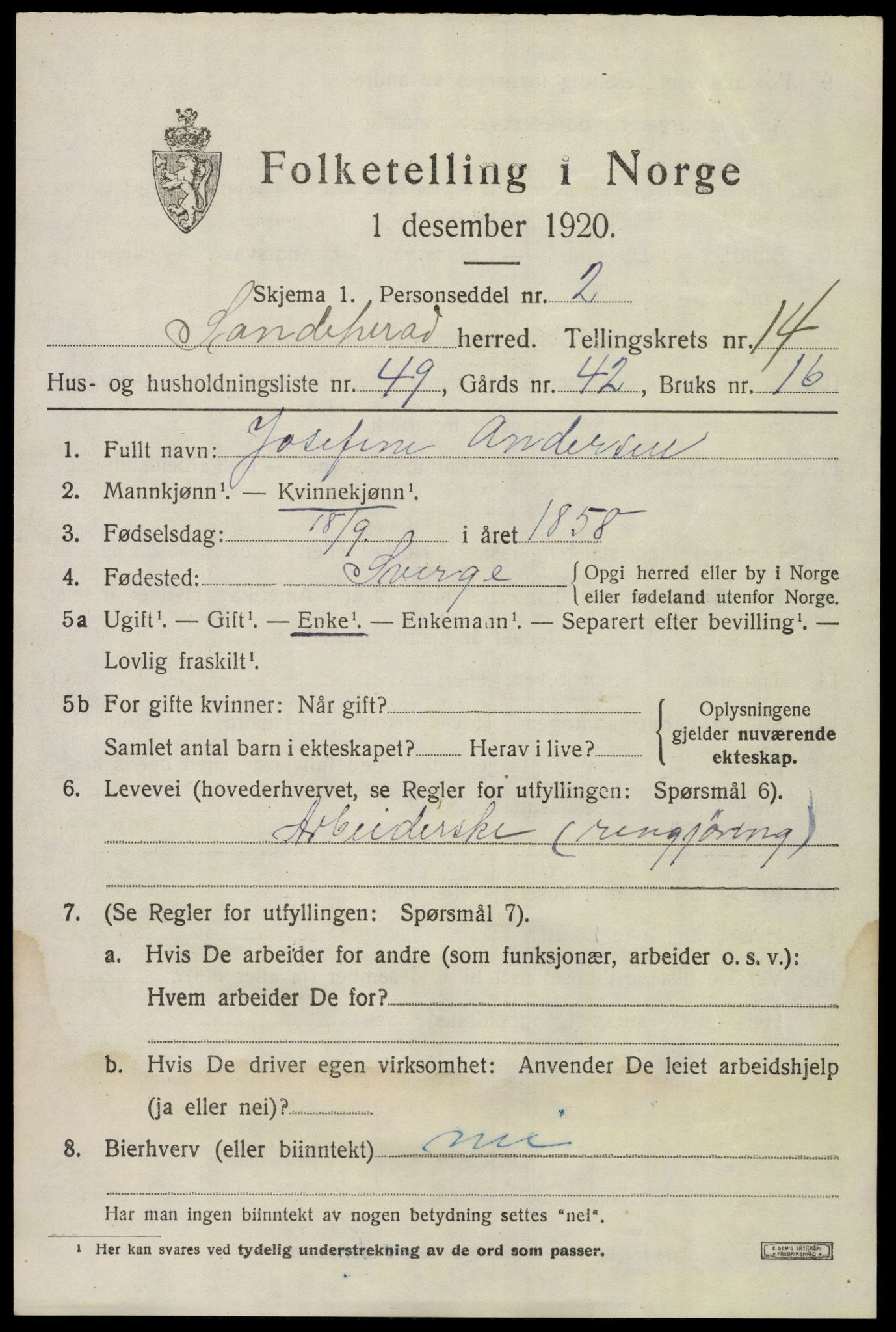 SAKO, Folketelling 1920 for 0724 Sandeherred herred, 1920, s. 20878