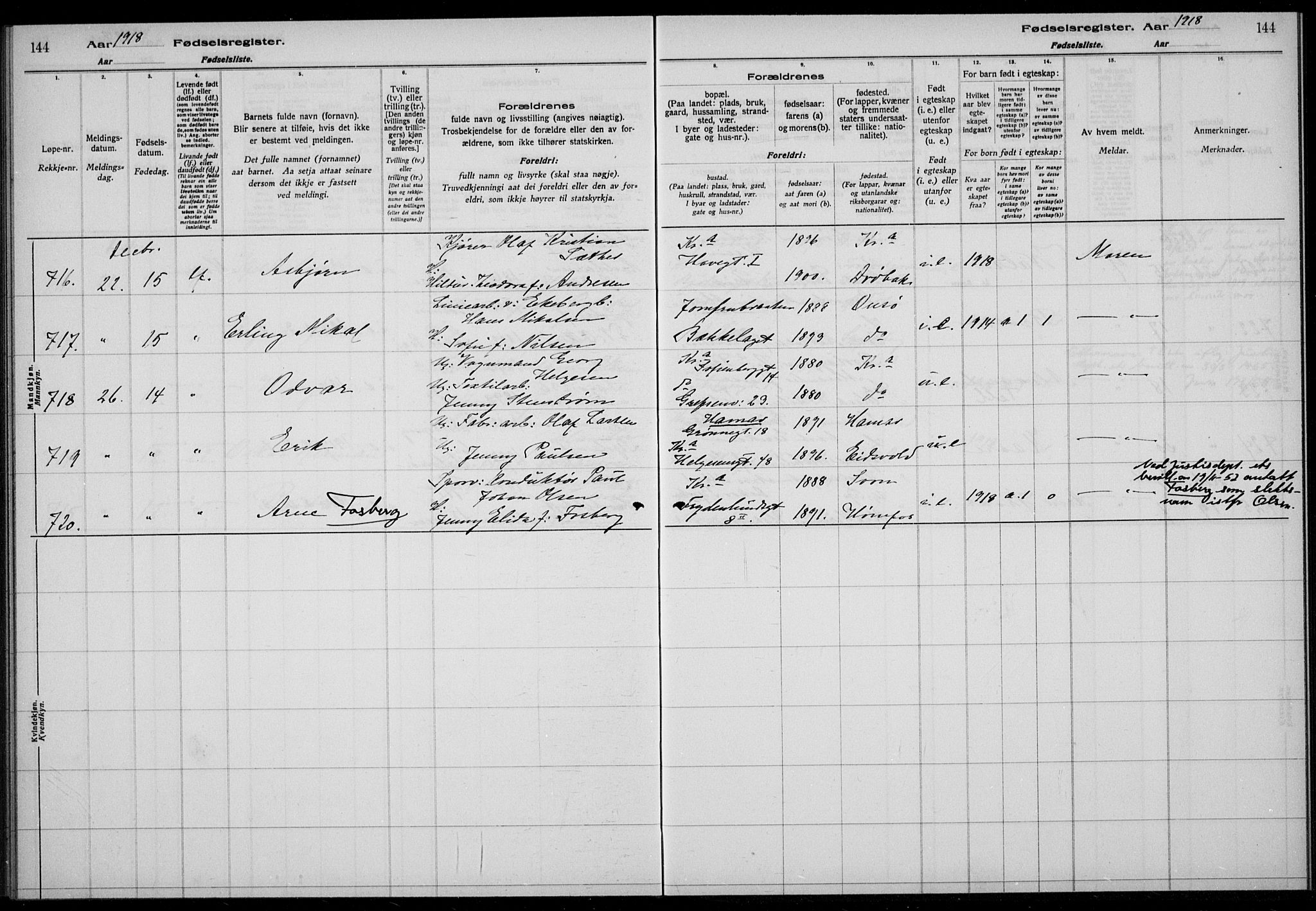 Rikshospitalet prestekontor Kirkebøker, AV/SAO-A-10309b/J/L0003: Fødselsregister nr. 3, 1918-1918, s. 144