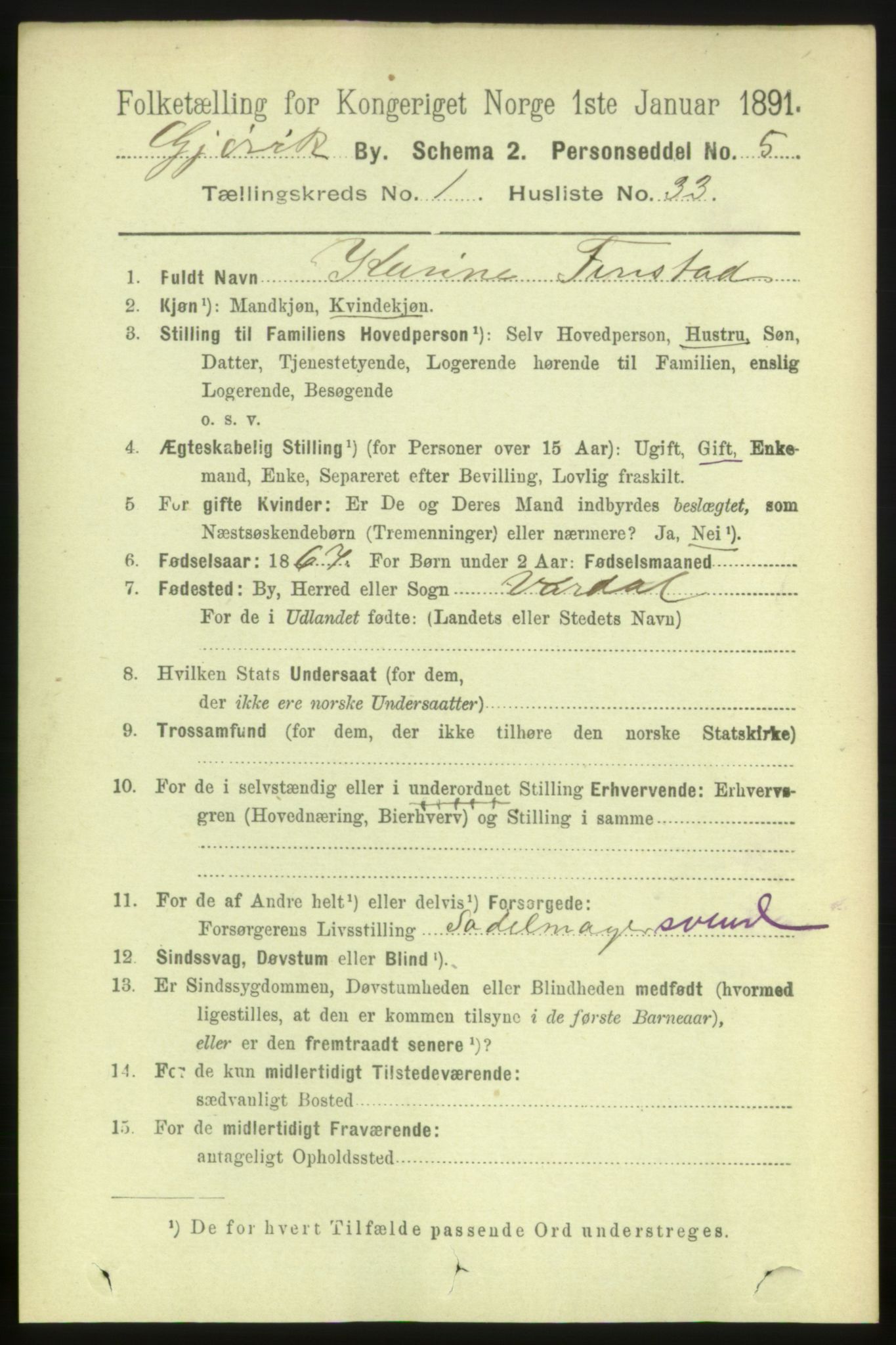 RA, Folketelling 1891 for 0502 Gjøvik kjøpstad, 1891, s. 663