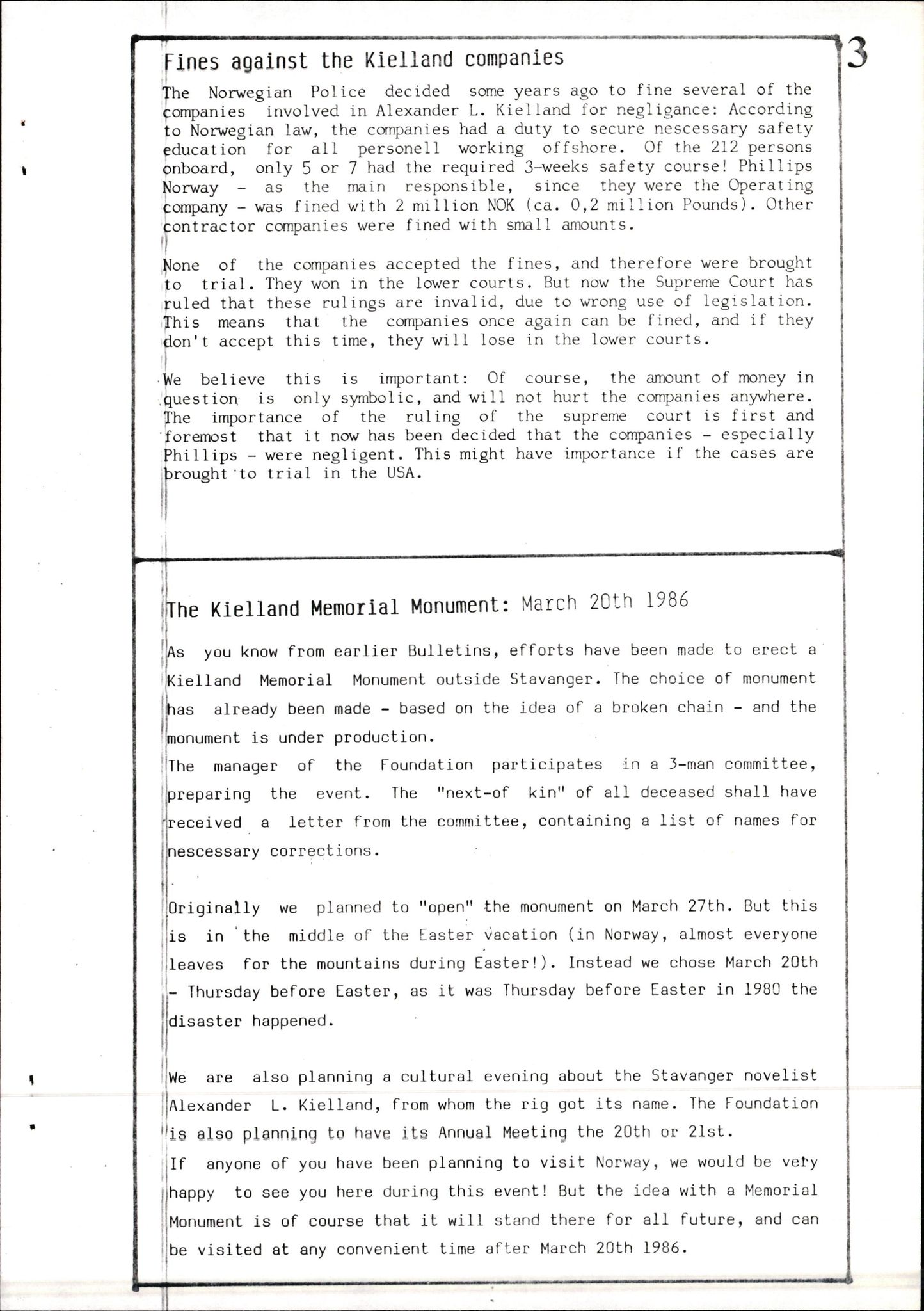 Pa 1660 - Kielland- fondet, AV/SAST-A-102242/X/Xa/L0001: Rapport til overlevende og etterlatte/ Kielland Bulletin, 1980-1998