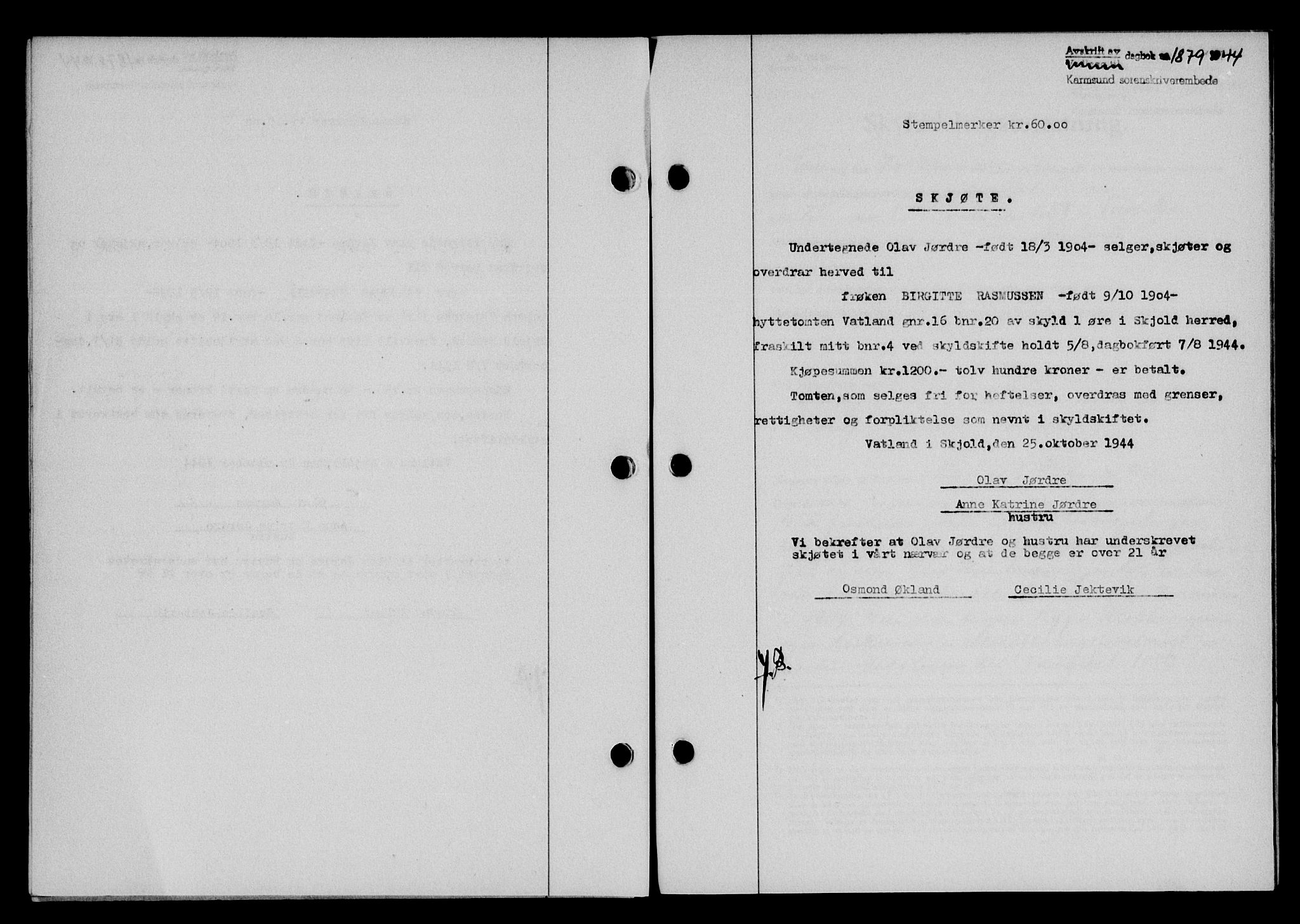 Karmsund sorenskriveri, SAST/A-100311/01/II/IIB/L0082: Pantebok nr. 63A, 1944-1944, Dagboknr: 1879/1944