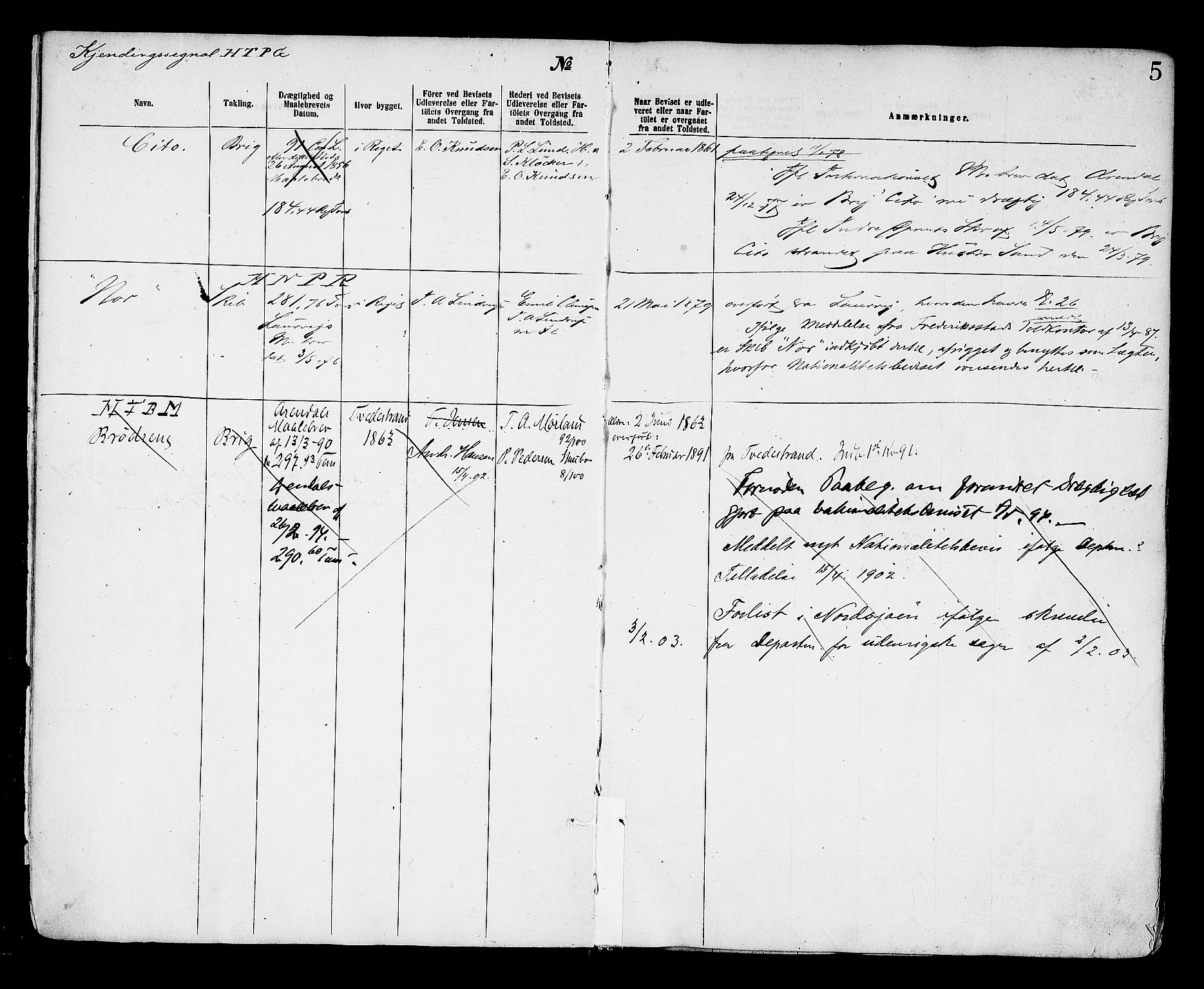 Arendal tollsted, SAK/1351-0003/H/Ha/L0642: Protokoll over utleverte nasjonalitetsbevis, 1864-1874, s. 5