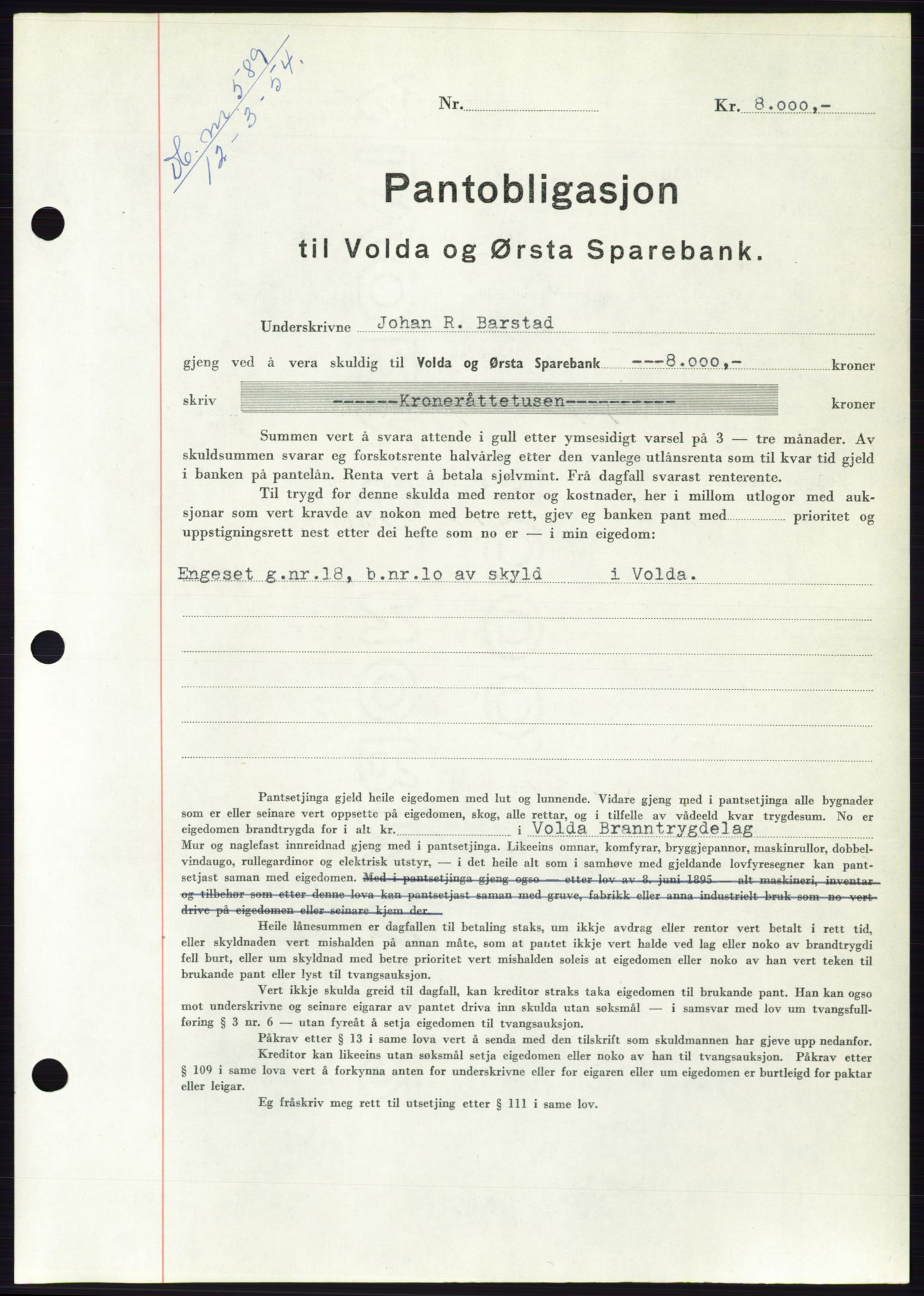 Søre Sunnmøre sorenskriveri, AV/SAT-A-4122/1/2/2C/L0124: Pantebok nr. 12B, 1953-1954, Dagboknr: 589/1954