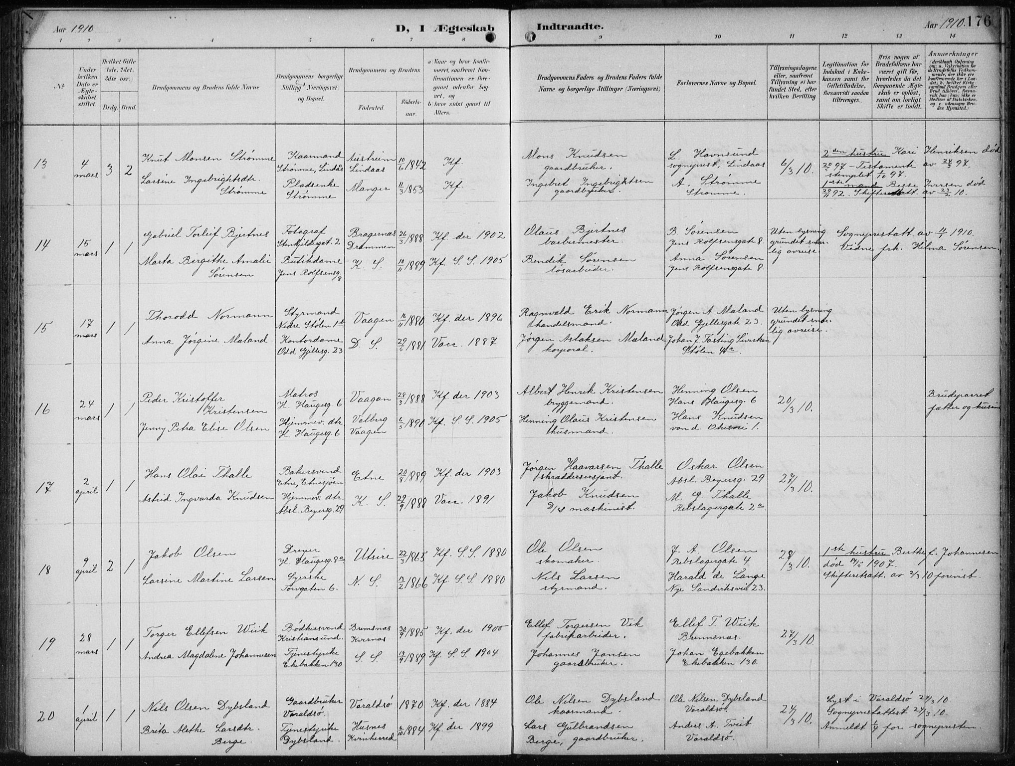 Sandviken Sokneprestembete, AV/SAB-A-77601/H/Ha/L0014: Ministerialbok nr. D 1, 1896-1911, s. 176