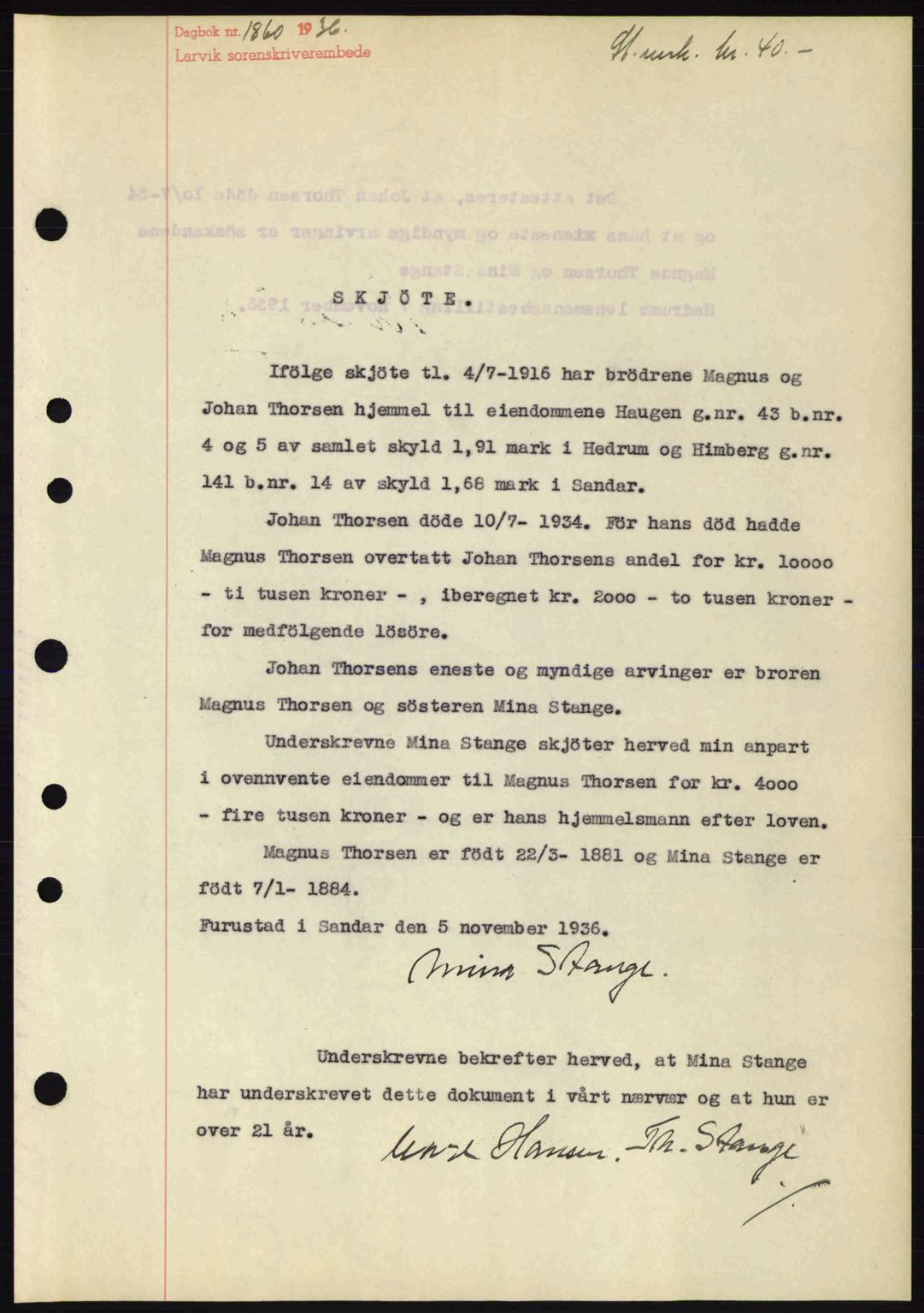 Larvik sorenskriveri, SAKO/A-83/G/Ga/Gab/L0067: Pantebok nr. A-1, 1936-1937, Dagboknr: 1860/1936