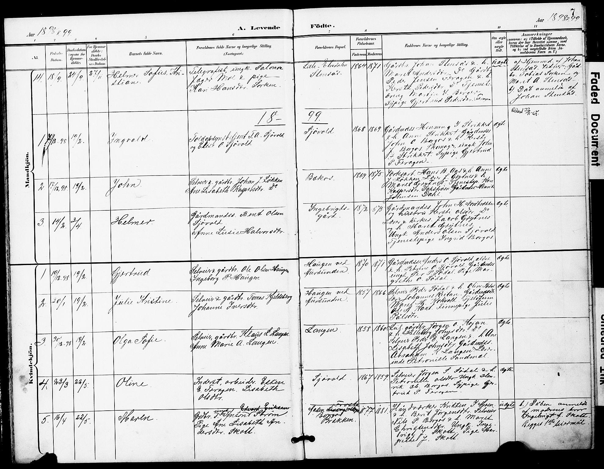 Ministerialprotokoller, klokkerbøker og fødselsregistre - Sør-Trøndelag, AV/SAT-A-1456/683/L0950: Klokkerbok nr. 683C02, 1897-1918, s. 7