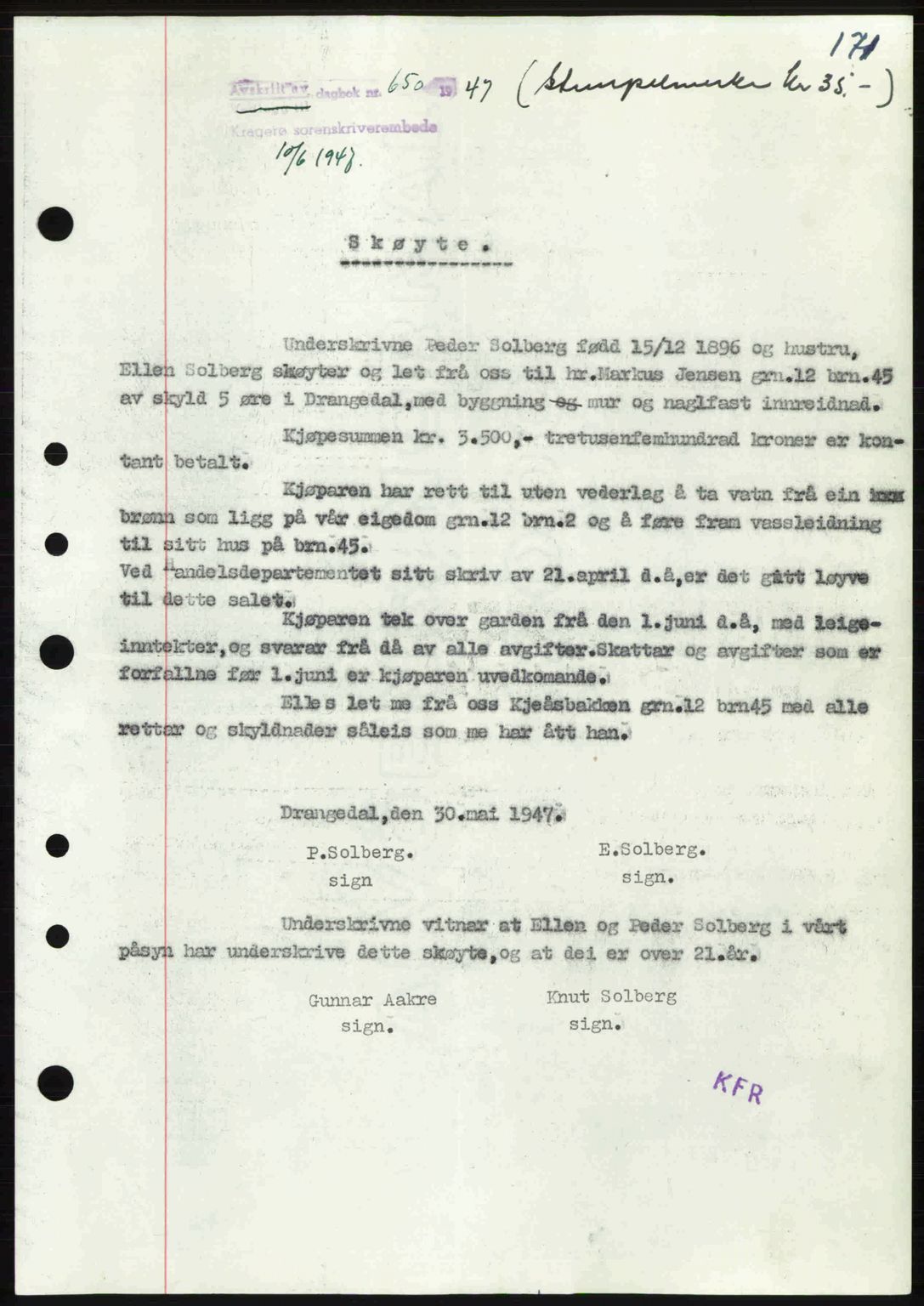 Kragerø sorenskriveri, SAKO/A-65/G/Ga/Gab/L0061: Pantebok nr. A-61, 1947-1947, Dagboknr: 650/1947