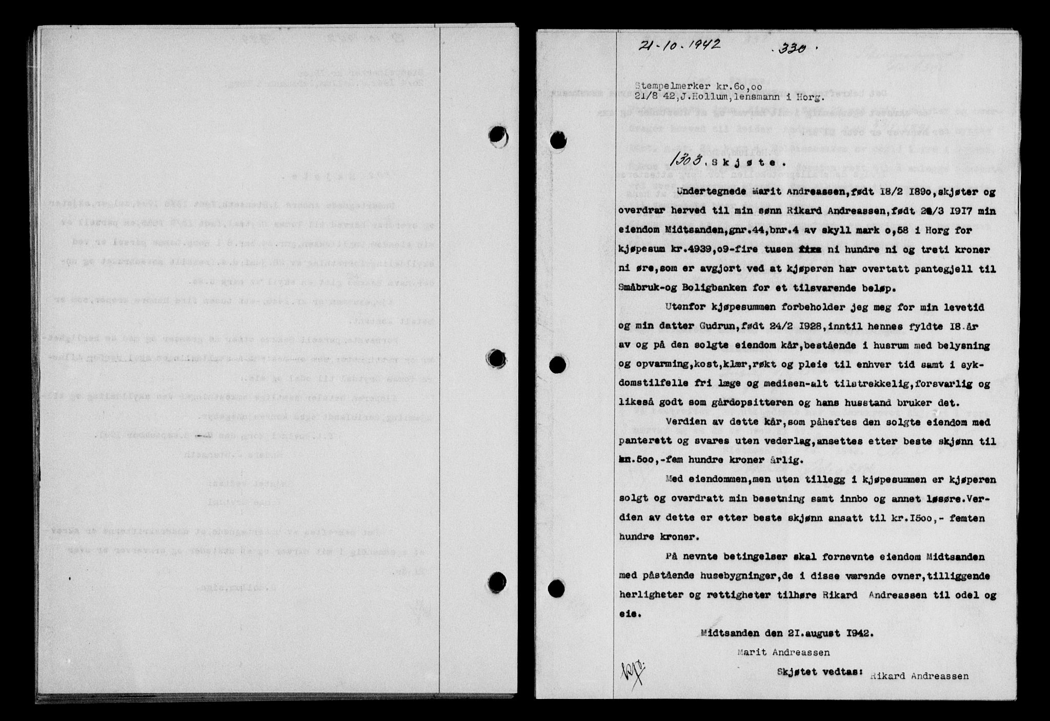 Gauldal sorenskriveri, SAT/A-0014/1/2/2C/L0055: Pantebok nr. 60, 1942-1942, Dagboknr: 1303/1942