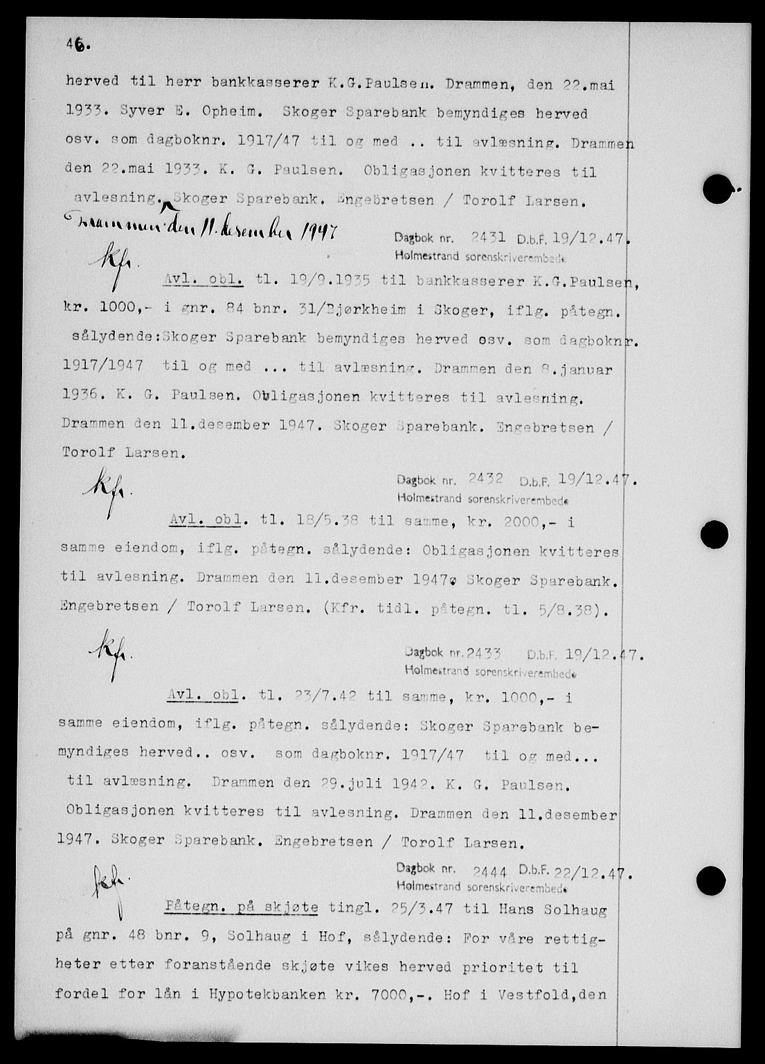 Holmestrand sorenskriveri, SAKO/A-67/G/Ga/Gab/L0058: Pantebok nr. B-58, 1947-1948, s. 46, Dagboknr: 2431/1947