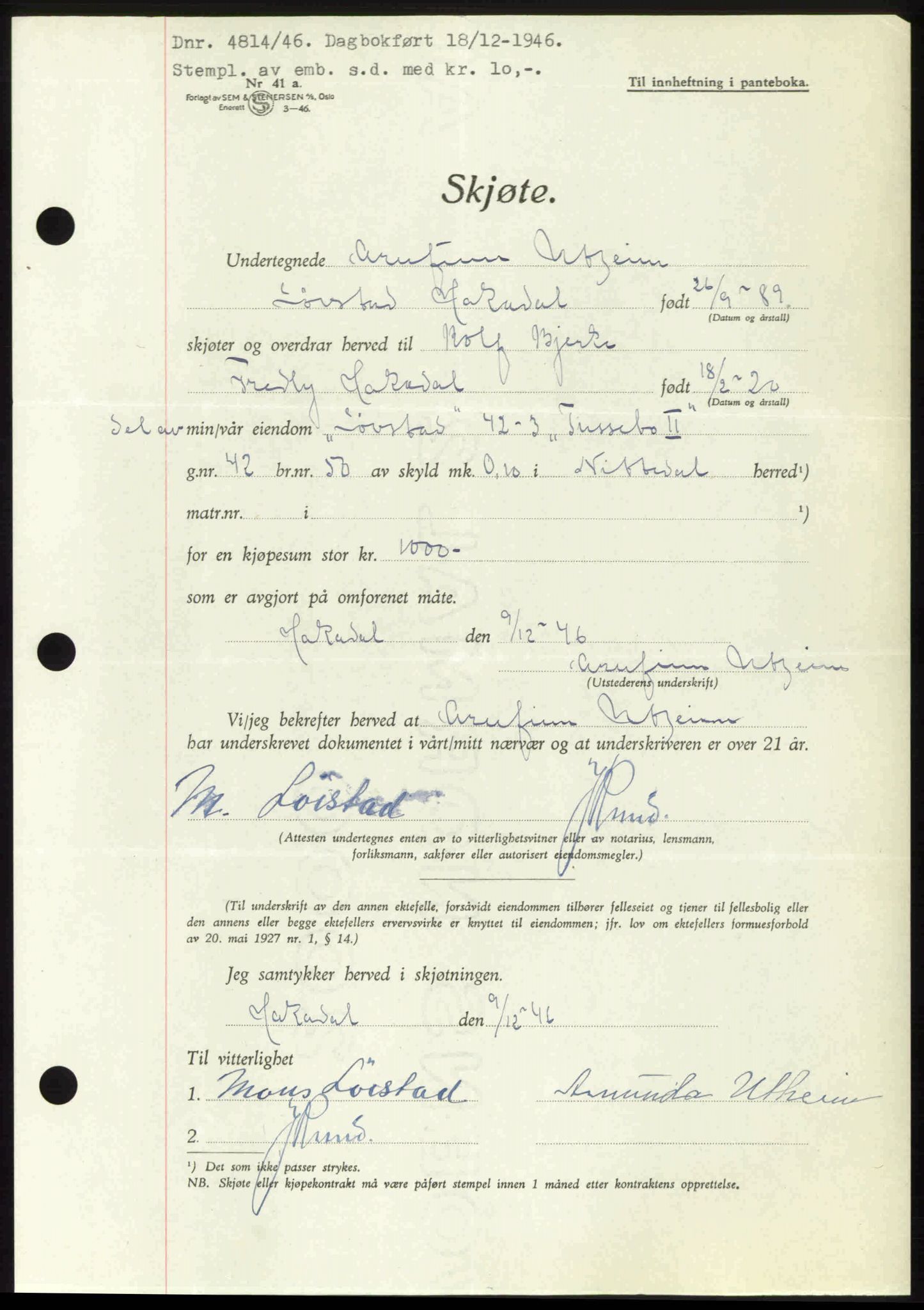 Nedre Romerike sorenskriveri, AV/SAO-A-10469/G/Gb/Gbd/L0017: Pantebok nr. 17, 1946-1946, Dagboknr: 4814/1946