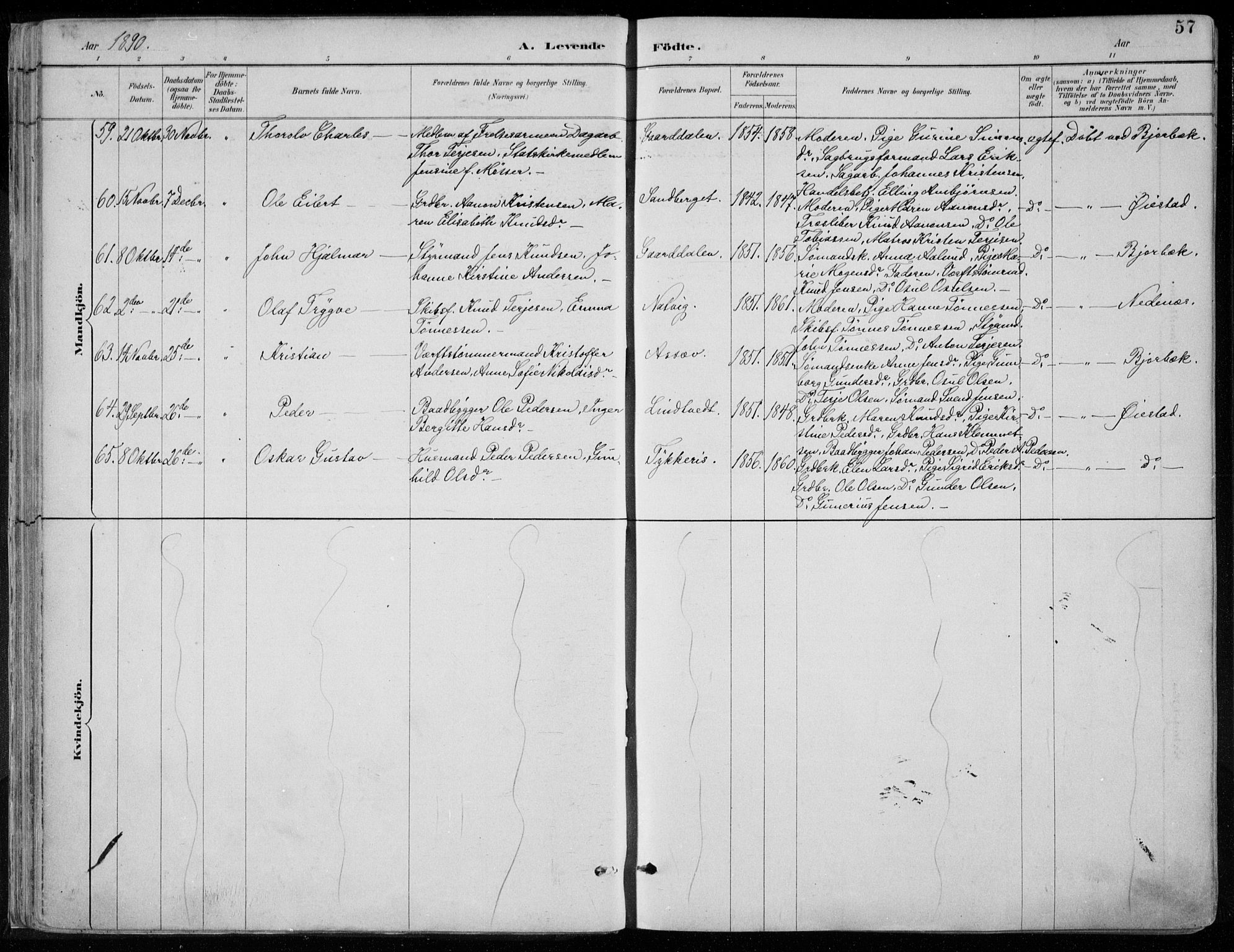 Øyestad sokneprestkontor, AV/SAK-1111-0049/F/Fa/L0017: Ministerialbok nr. A 17, 1887-1896, s. 57