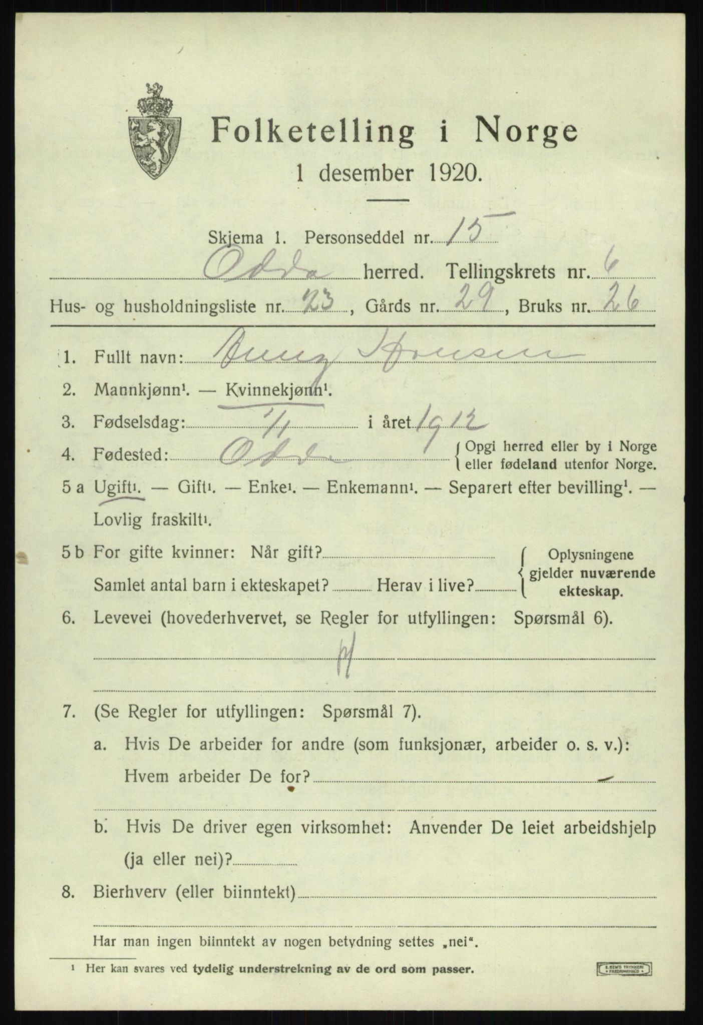 SAB, Folketelling 1920 for 1228 Odda herred, 1920, s. 4677