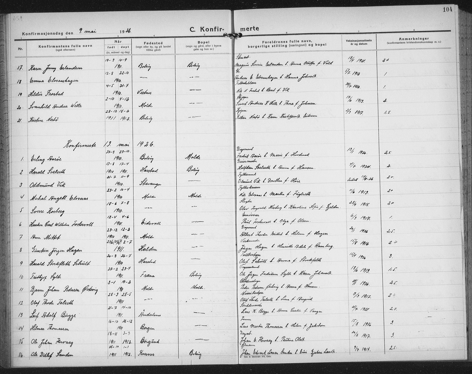 Ministerialprotokoller, klokkerbøker og fødselsregistre - Møre og Romsdal, AV/SAT-A-1454/558/L0704: Klokkerbok nr. 558C05, 1921-1942, s. 104