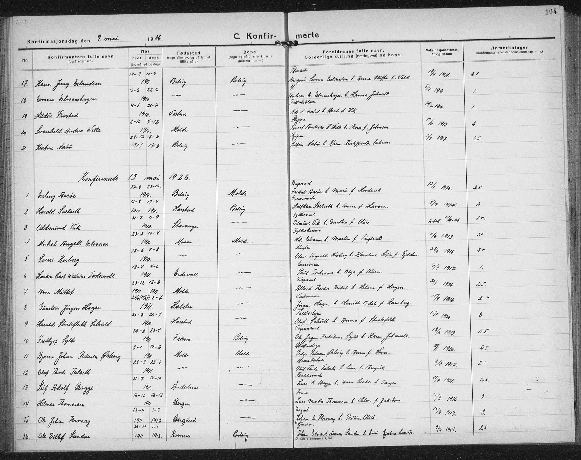 Ministerialprotokoller, klokkerbøker og fødselsregistre - Møre og Romsdal, AV/SAT-A-1454/558/L0704: Klokkerbok nr. 558C05, 1921-1942, s. 104