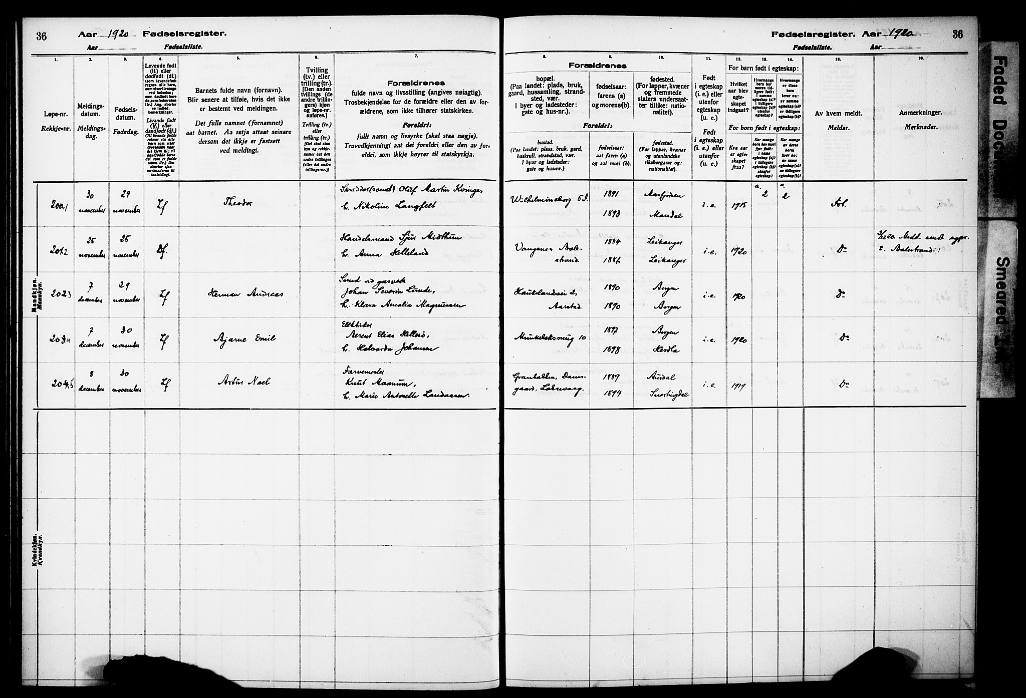 Kvinneklinikken, SAB/A-76301/F/L0A02: Fødselsregister nr. A 2, 1920-1924, s. 36