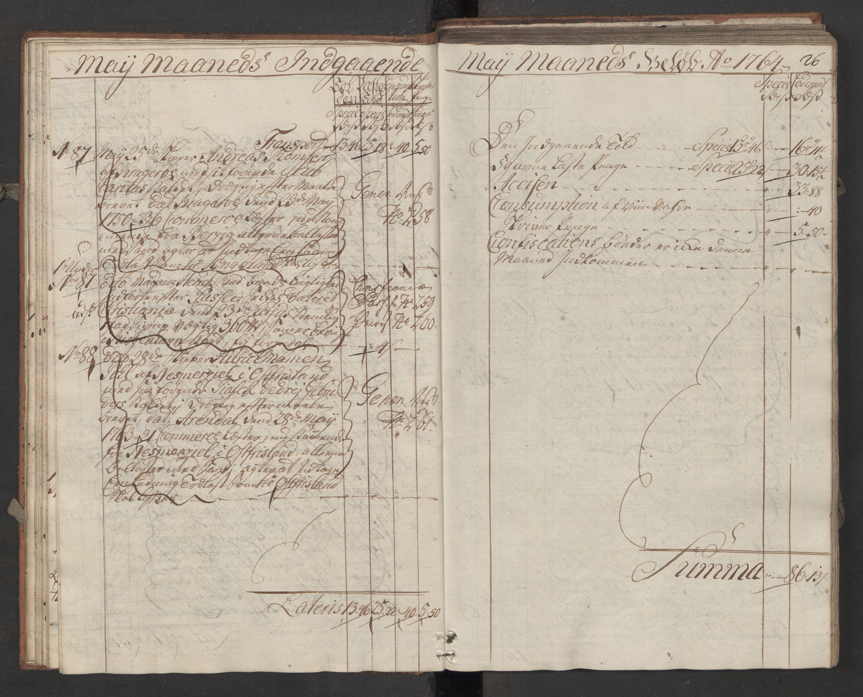 Generaltollkammeret, tollregnskaper, RA/EA-5490/R13/L0036/0001: Tollregnskaper Kragerø / Inngående hovedtollbok, 1764, s. 25b-26a