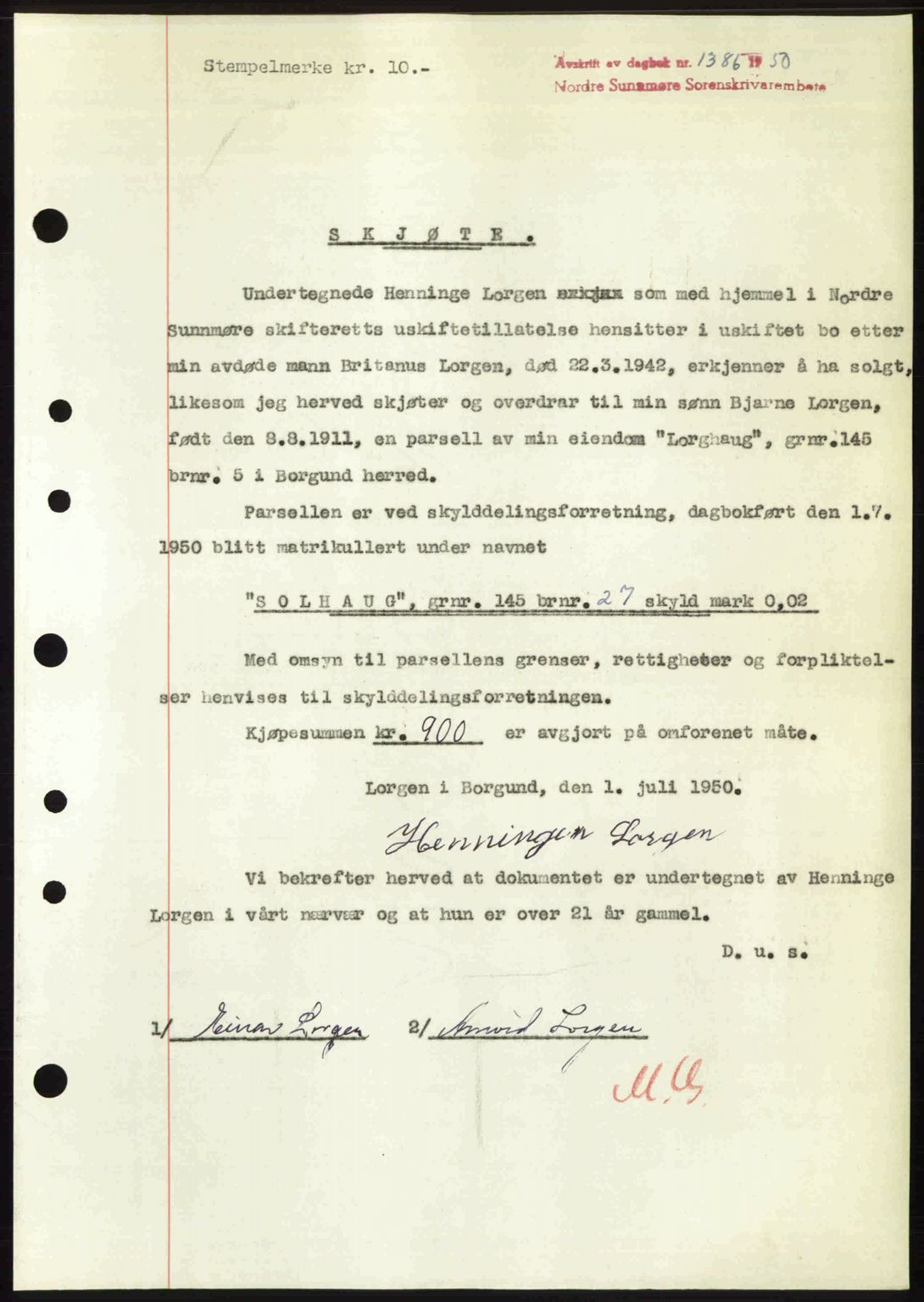 Nordre Sunnmøre sorenskriveri, SAT/A-0006/1/2/2C/2Ca: Pantebok nr. A35, 1950-1950, Dagboknr: 1386/1950