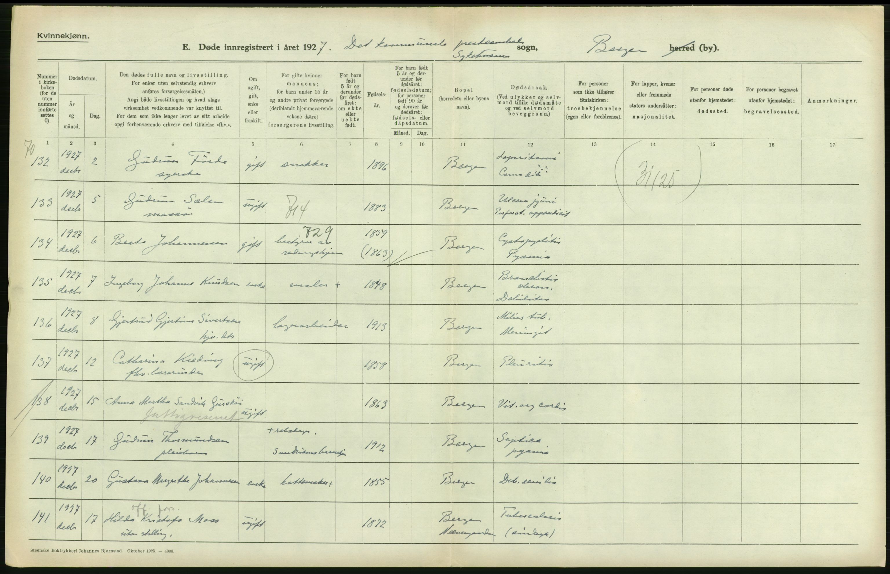 Statistisk sentralbyrå, Sosiodemografiske emner, Befolkning, RA/S-2228/D/Df/Dfc/Dfcg/L0028: Bergen: Gifte, døde., 1927, s. 556