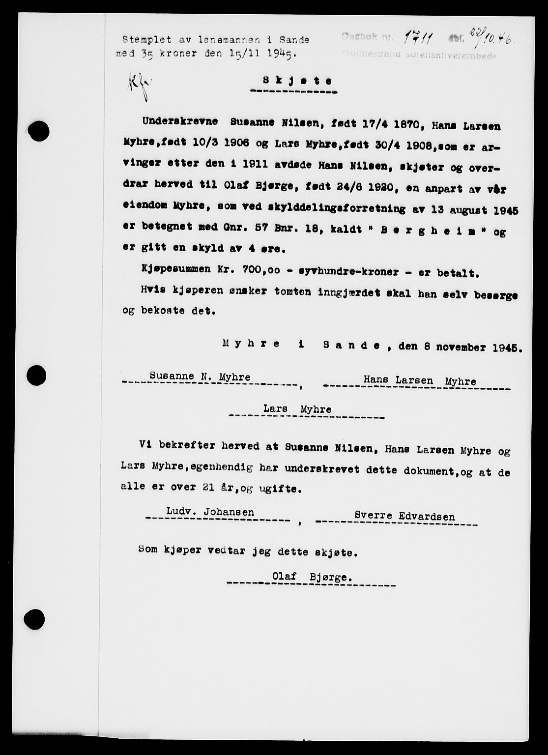 Holmestrand sorenskriveri, SAKO/A-67/G/Ga/Gaa/L0061: Pantebok nr. A-61, 1946-1947, Dagboknr: 1711/1946