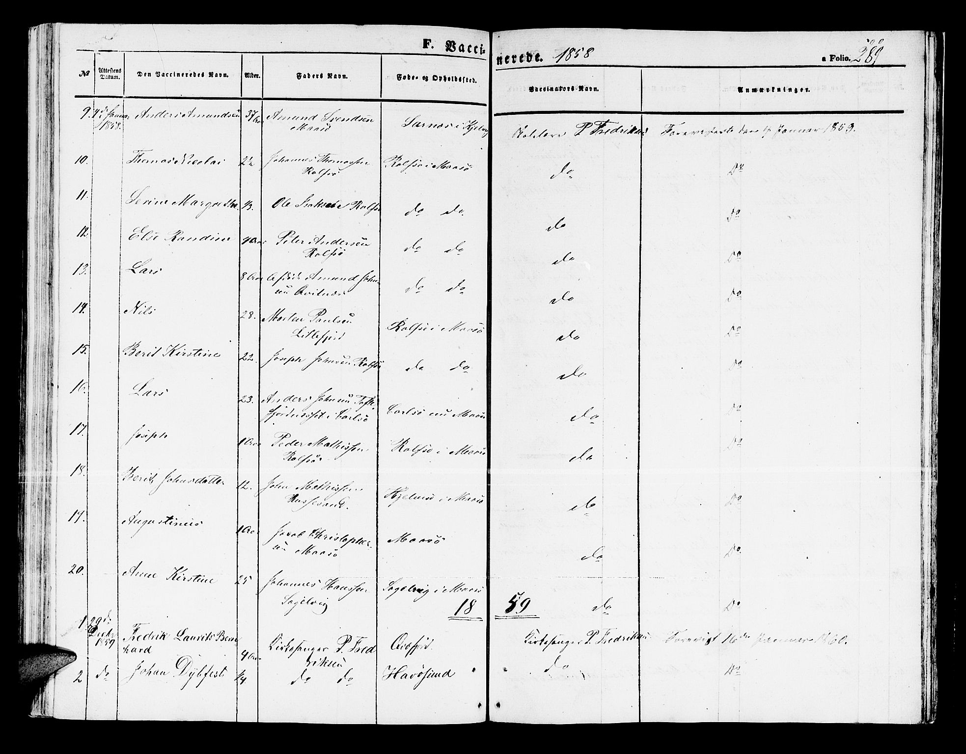 Måsøy sokneprestkontor, AV/SATØ-S-1348/H/Hb/L0001klokker: Klokkerbok nr. 1, 1852-1877, s. 289