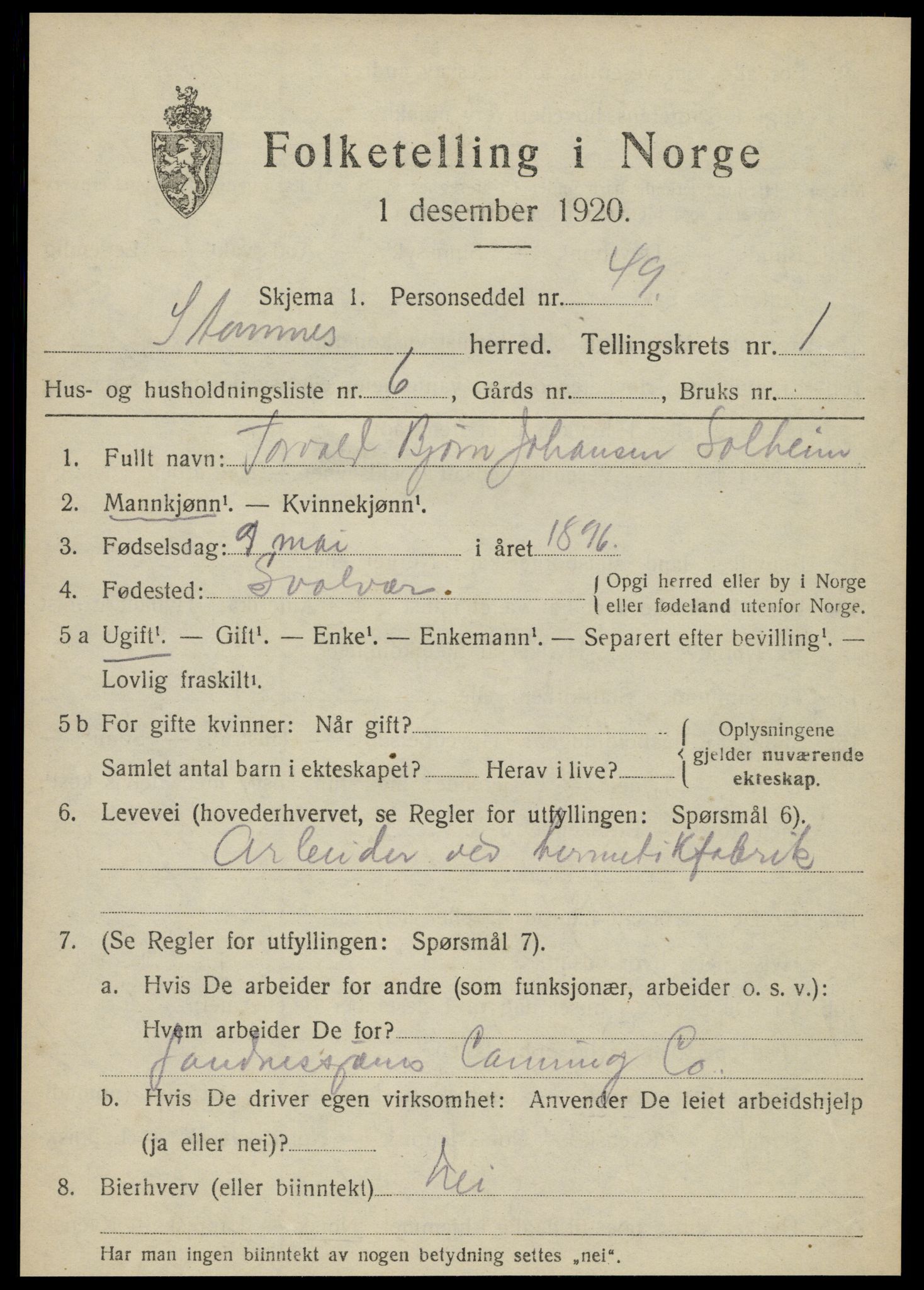 SAT, Folketelling 1920 for 1821 Stamnes herred, 1920, s. 666