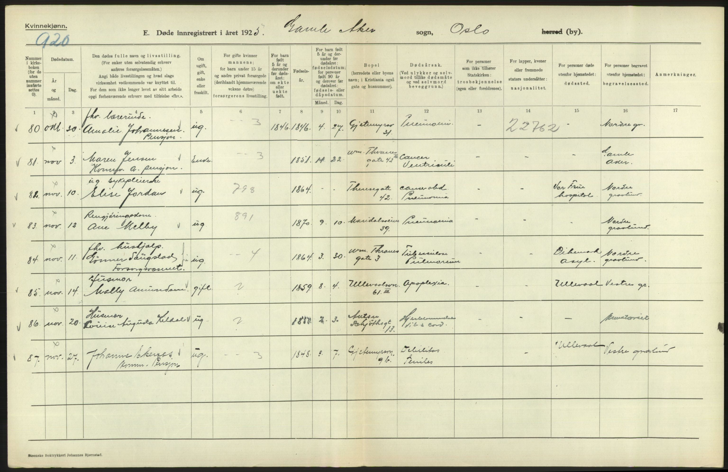 Statistisk sentralbyrå, Sosiodemografiske emner, Befolkning, AV/RA-S-2228/D/Df/Dfc/Dfce/L0010: Oslo: Døde kvinner, dødfødte, 1925, s. 332