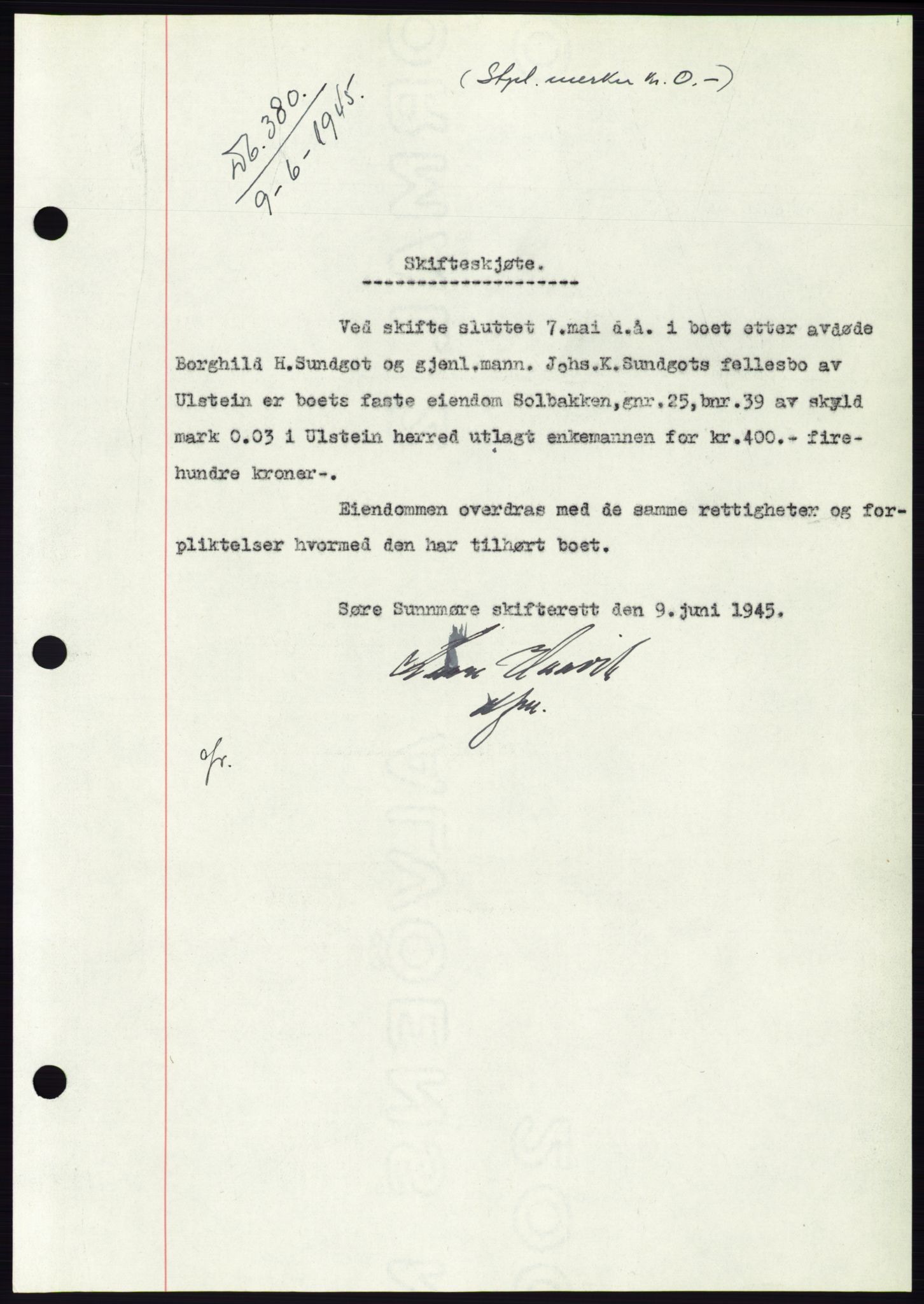 Søre Sunnmøre sorenskriveri, SAT/A-4122/1/2/2C/L0077: Pantebok nr. 3A, 1945-1946, Dagboknr: 380/1945
