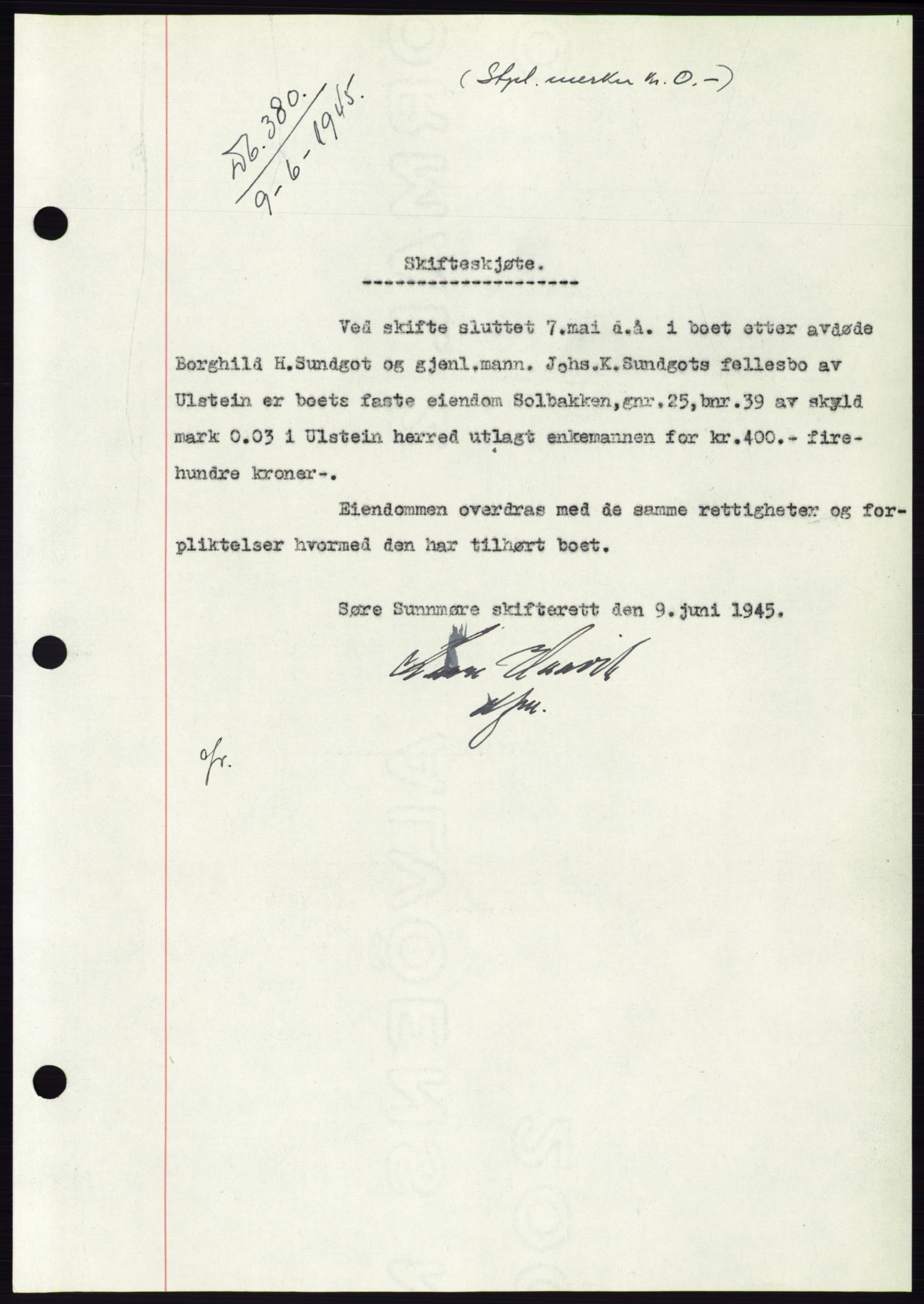 Søre Sunnmøre sorenskriveri, AV/SAT-A-4122/1/2/2C/L0077: Pantebok nr. 3A, 1945-1946, Dagboknr: 380/1945