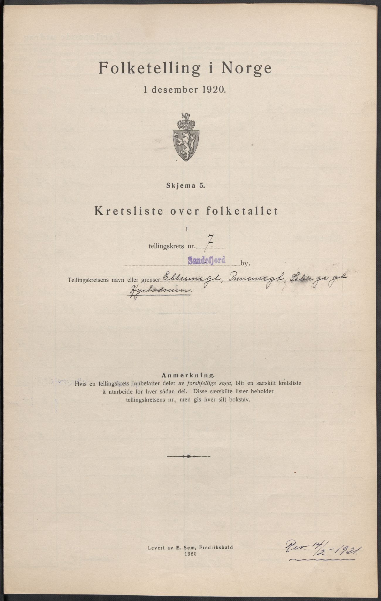 SAKO, Folketelling 1920 for 0706 Sandefjord kjøpstad, 1920, s. 24