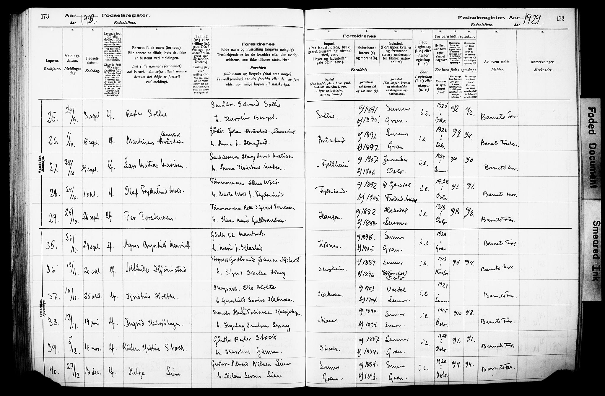 Lunner prestekontor, AV/SAH-PREST-118/I/Id/L0001: Fødselsregister nr. 1, 1916-1932, s. 173