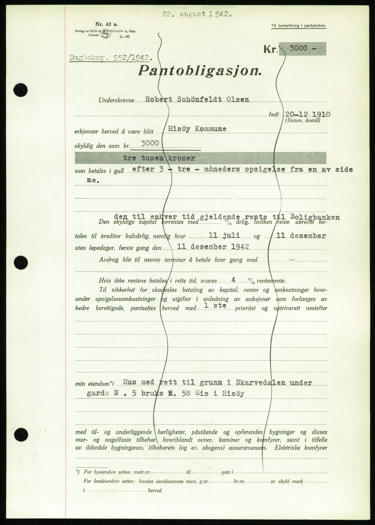 Nedenes sorenskriveri, SAK/1221-0006/G/Gb/Gbb/L0002: Pantebok nr. II, 1942-1945, Dagboknr: 952/1942