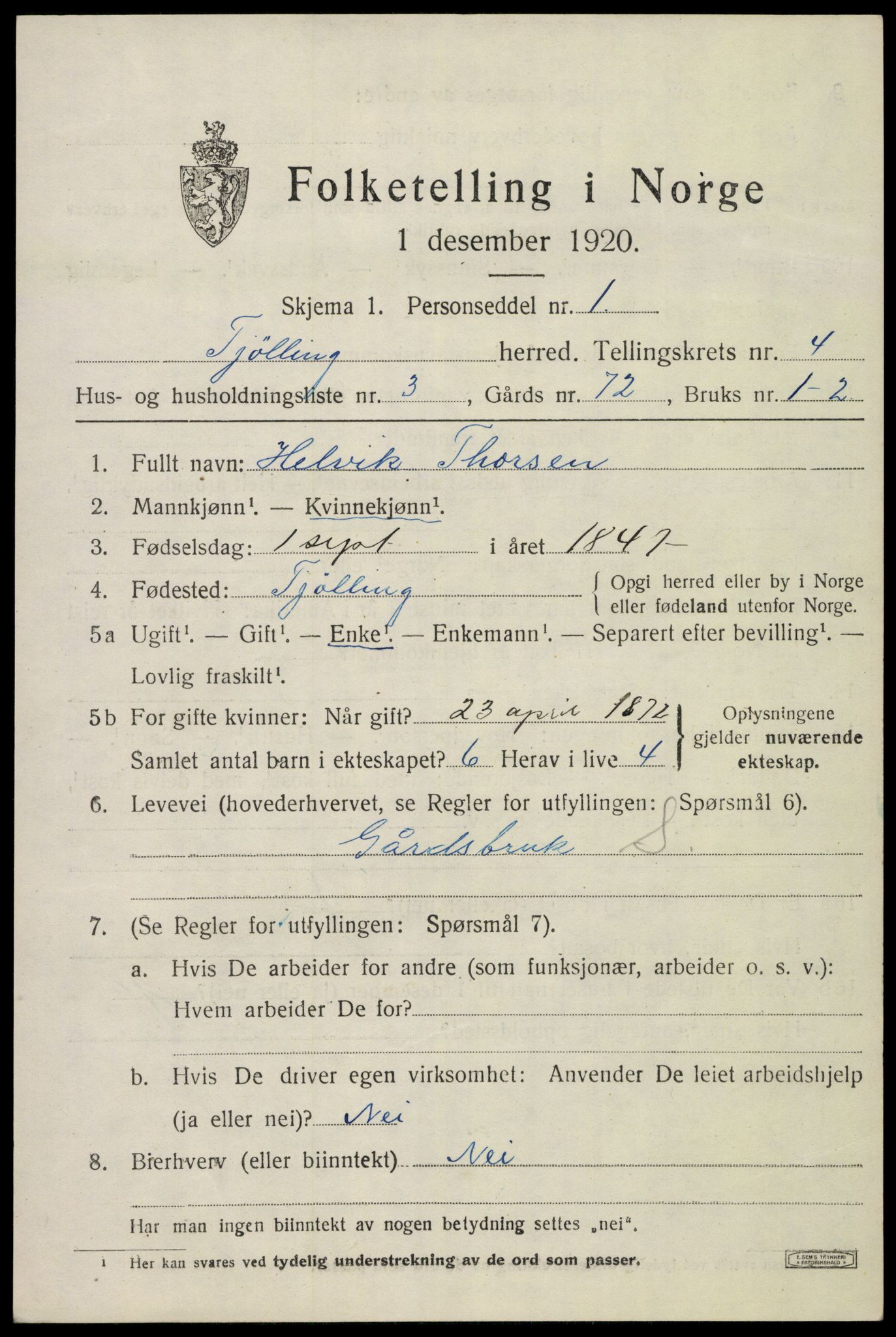SAKO, Folketelling 1920 for 0725 Tjølling herred, 1920, s. 7519