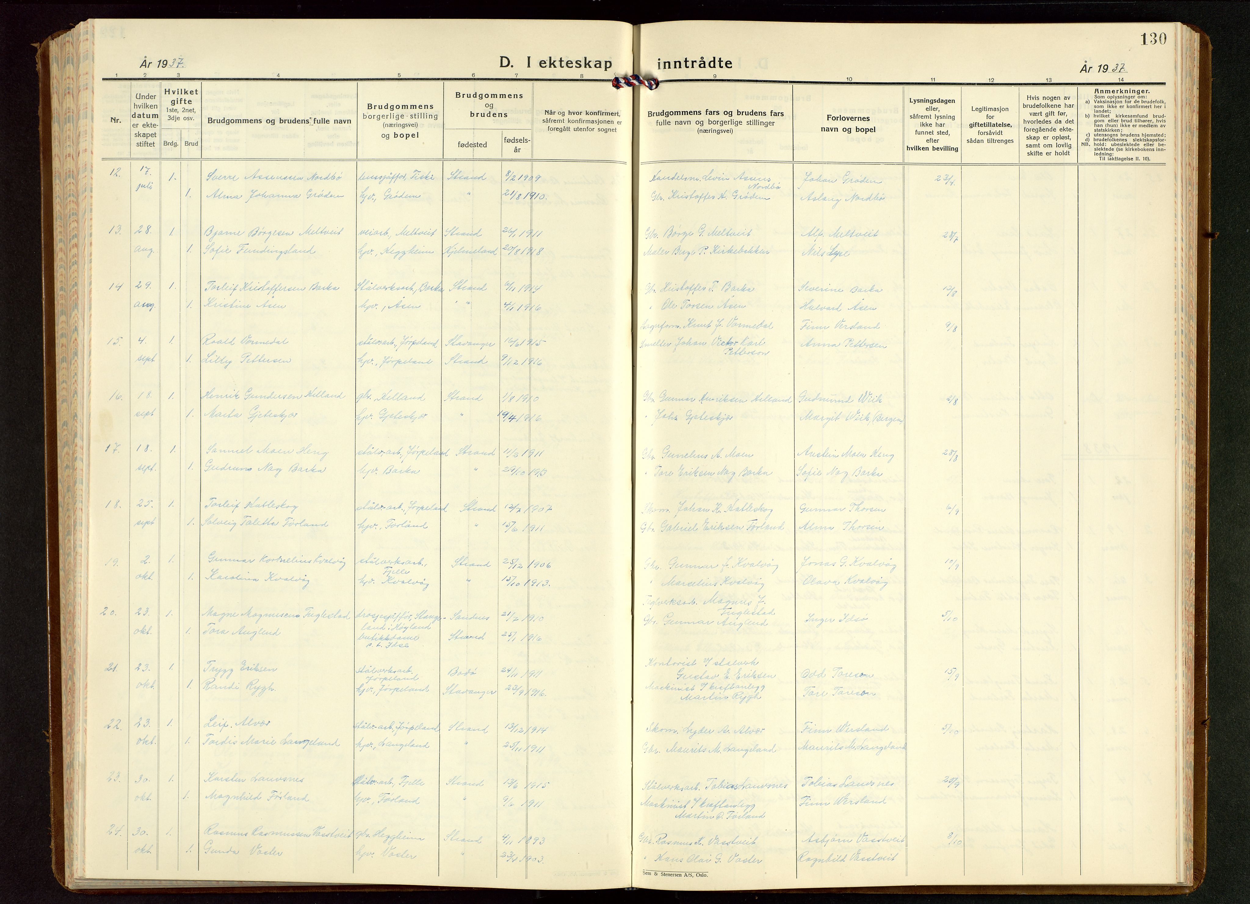 Strand sokneprestkontor, SAST/A-101828/H/Ha/Hab/L0006: Klokkerbok nr. B 6, 1933-1950, s. 130