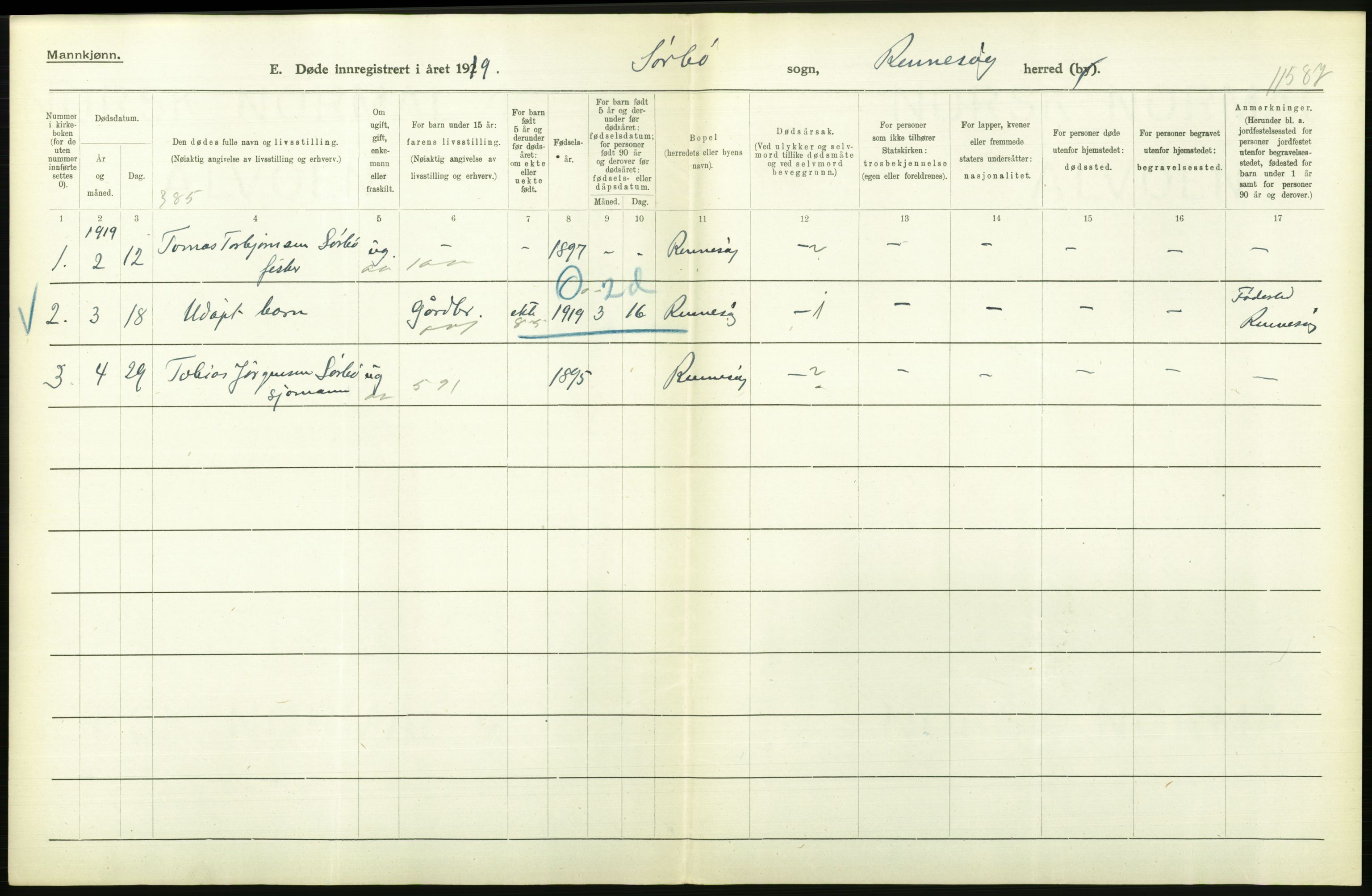 Statistisk sentralbyrå, Sosiodemografiske emner, Befolkning, RA/S-2228/D/Df/Dfb/Dfbi/L0030: Rogaland fylke: Døde. Bygder og byer., 1919, s. 96