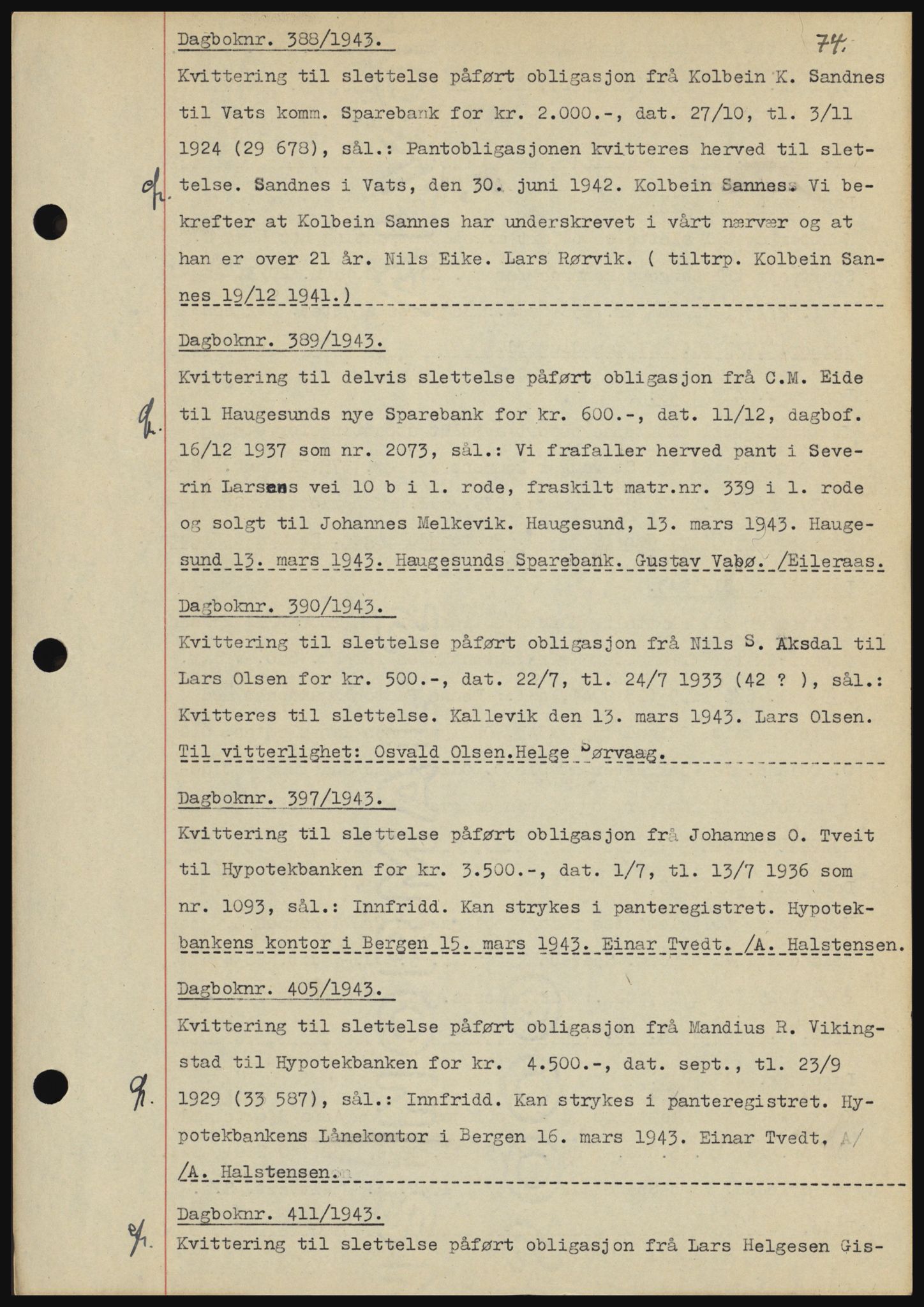 Karmsund sorenskriveri, SAST/A-100311/01/II/IIBBE/L0008: Pantebok nr. B 54, 1942-1943, Dagboknr: 388/1943