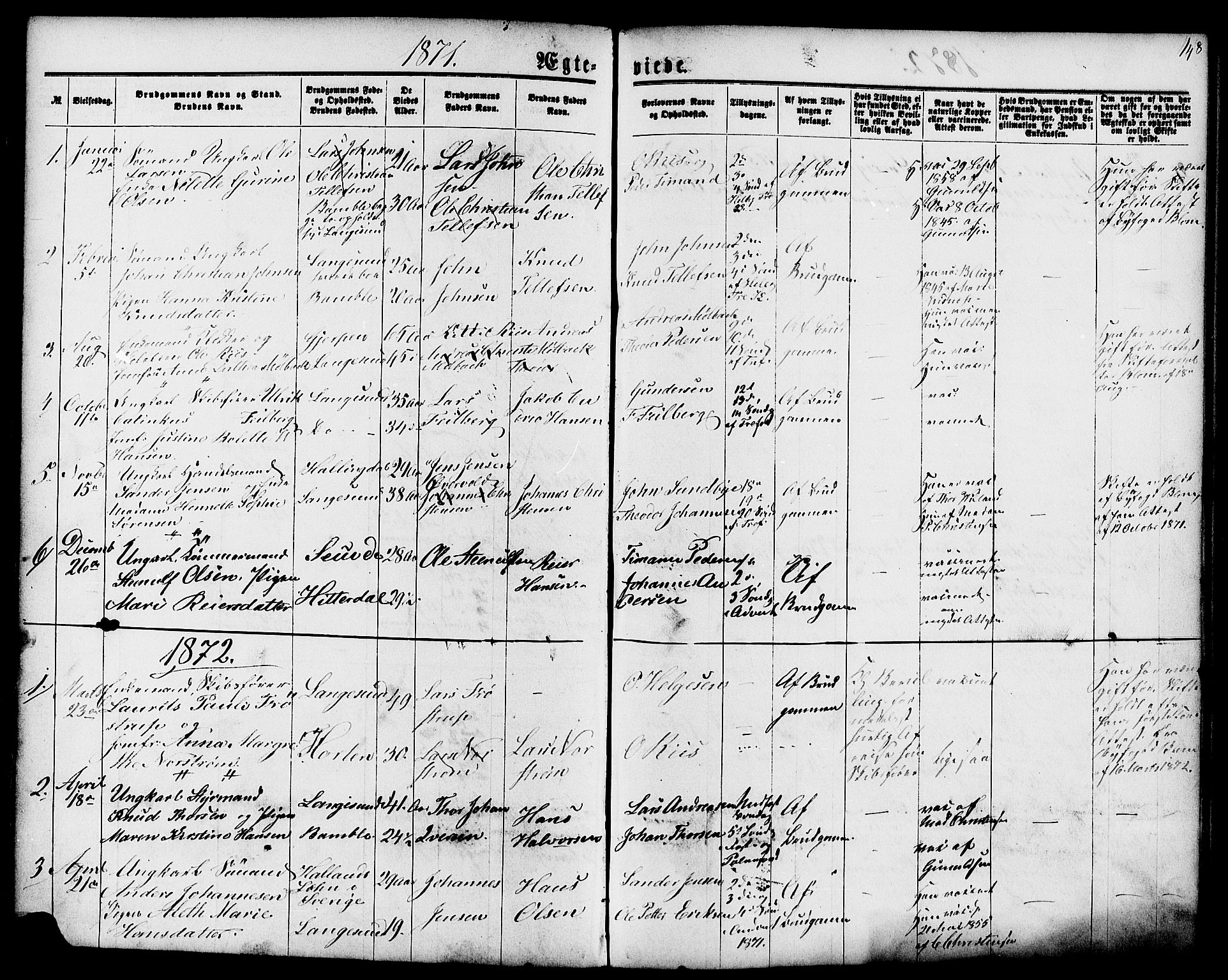 Langesund kirkebøker, AV/SAKO-A-280/G/Ga/L0004: Klokkerbok nr. 4, 1859-1884, s. 148