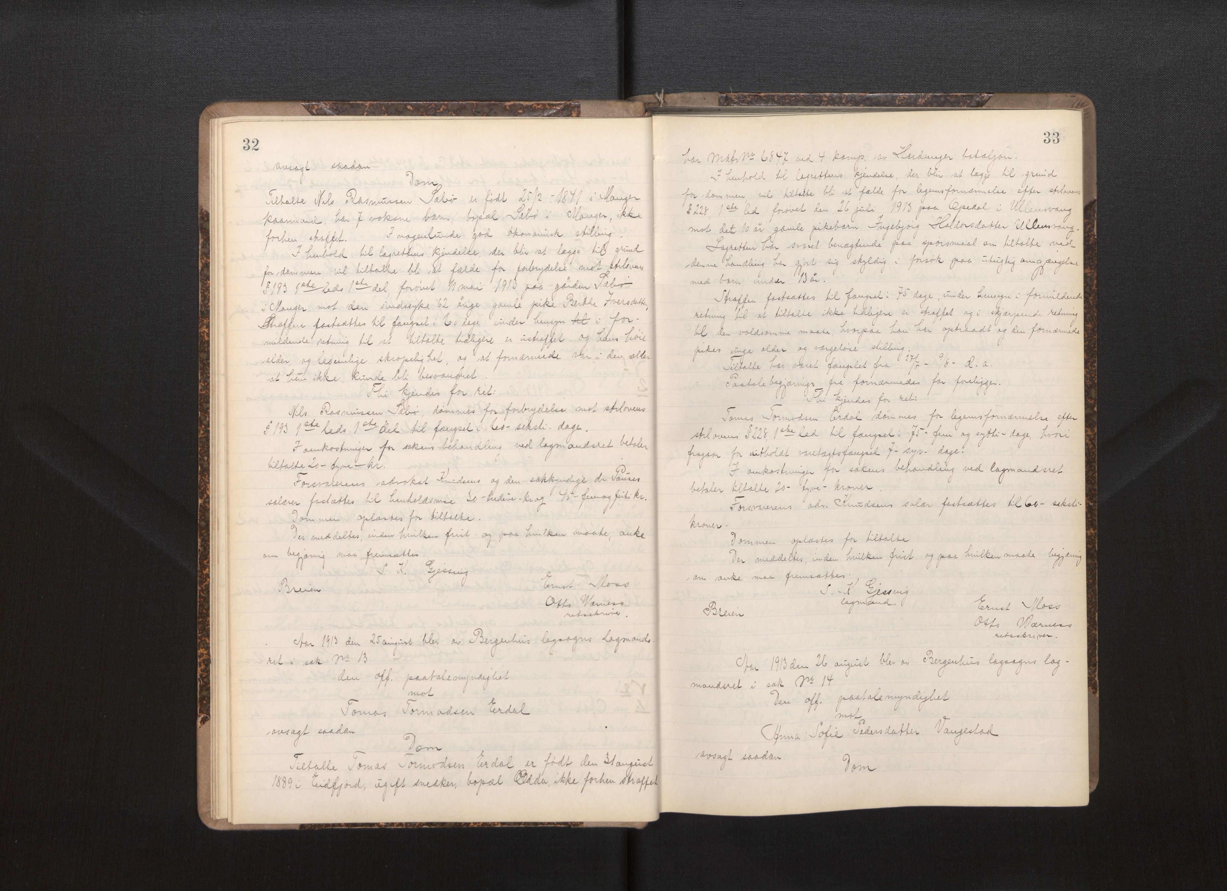 Gulating lagmannsrett, AV/SAB-A-60201/D/Da/L0005: Domsprotokoll for straffesaker - Gula- og Frostating lagdømme, 1912-1918, s. 32-33