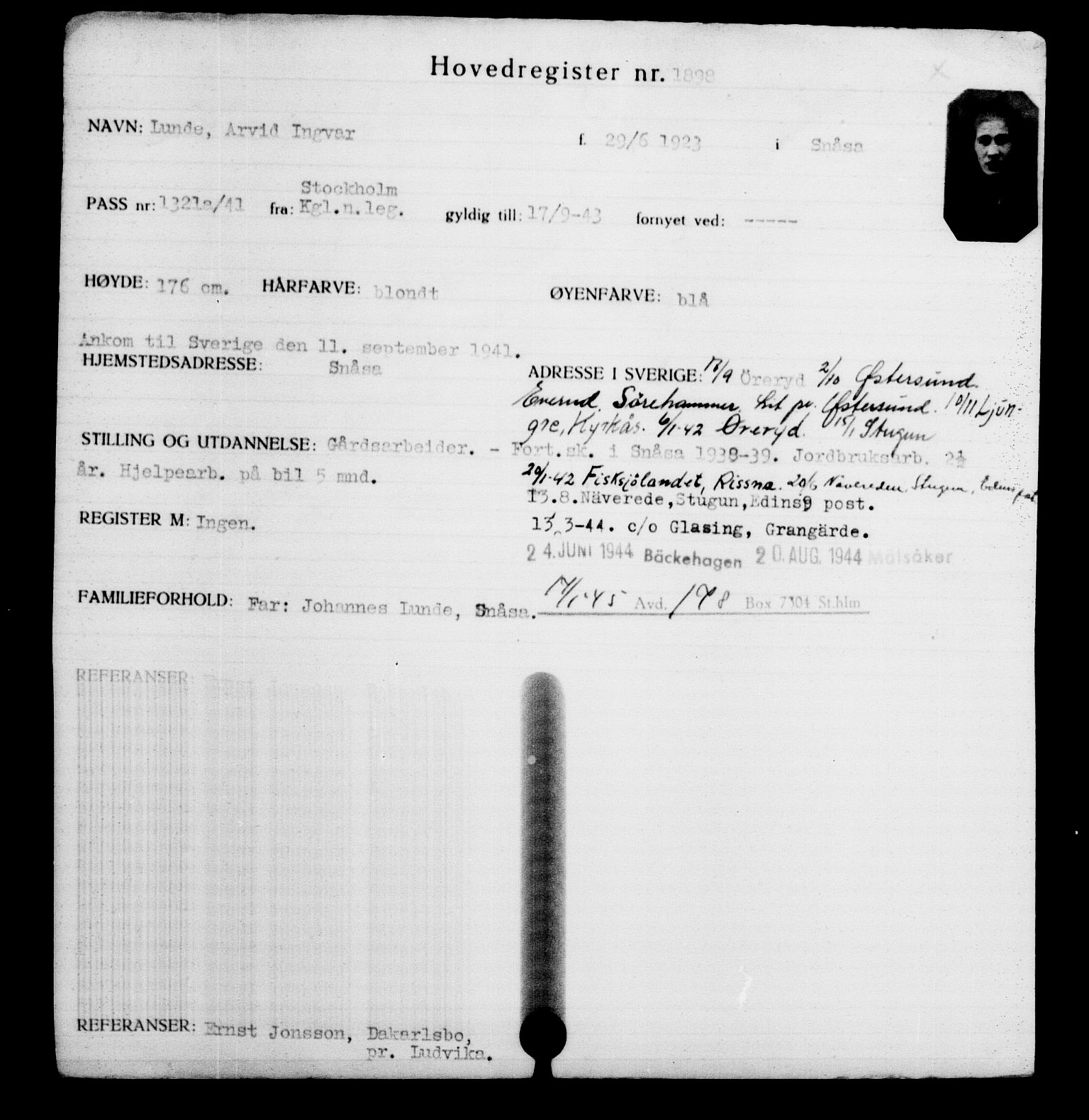 Utenriksstasjonene, Legasjonen i Stockholm, Flyktningkontoret, AV/RA-S-6753/V/Va/L0002: Kjesäterkartoteket, flyktninger med registreringsnr. 1001-2000, 1940-1945, s. 1278