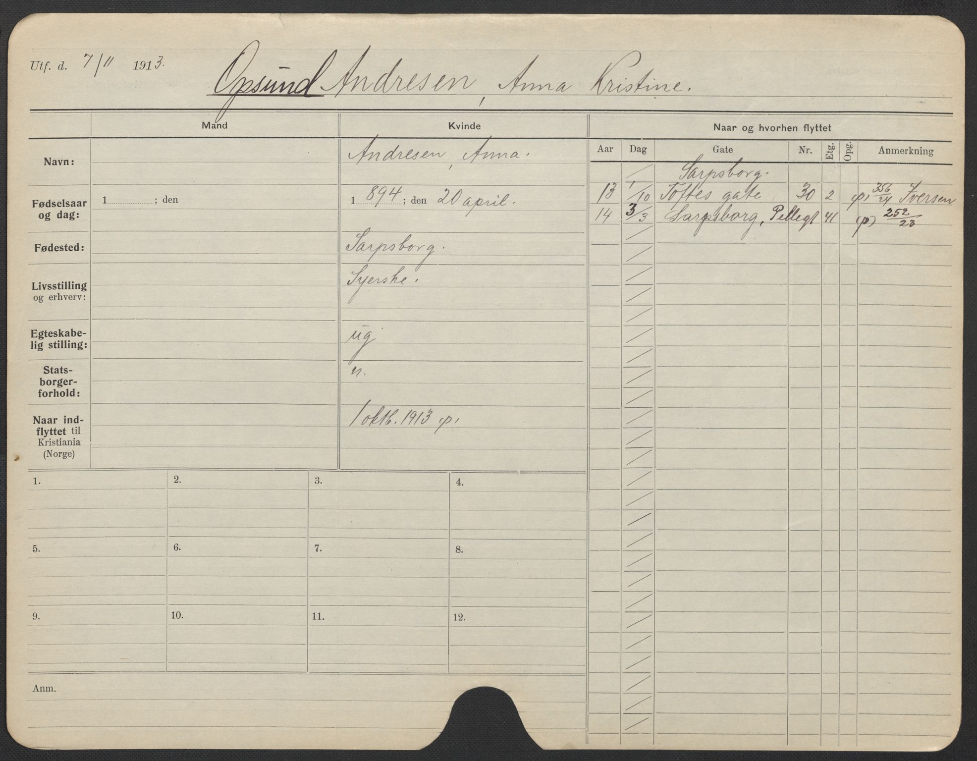 Oslo folkeregister, Registerkort, AV/SAO-A-11715/F/Fa/Fac/L0022: Kvinner, 1906-1914, s. 449a