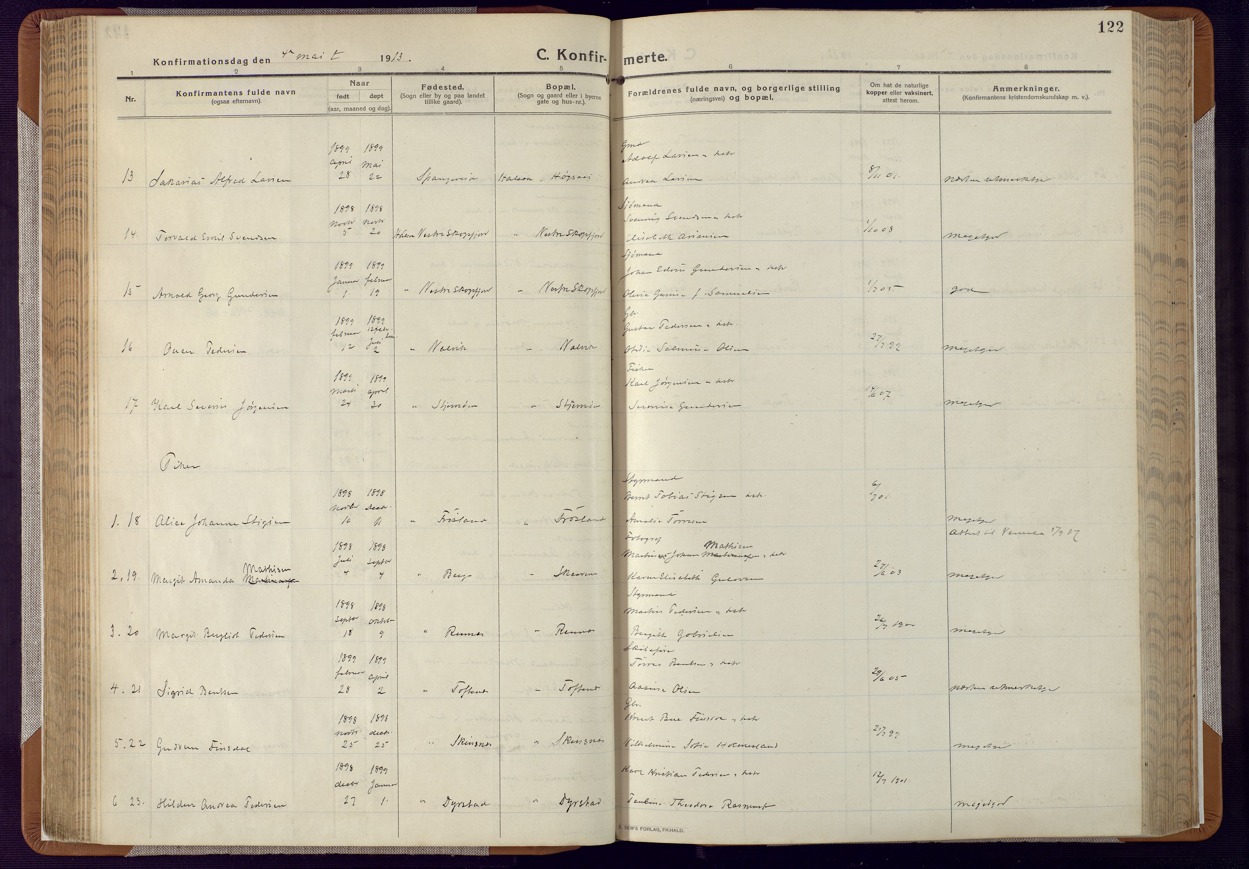 Mandal sokneprestkontor, SAK/1111-0030/F/Fa/Faa/L0022: Ministerialbok nr. A 22, 1913-1925, s. 122