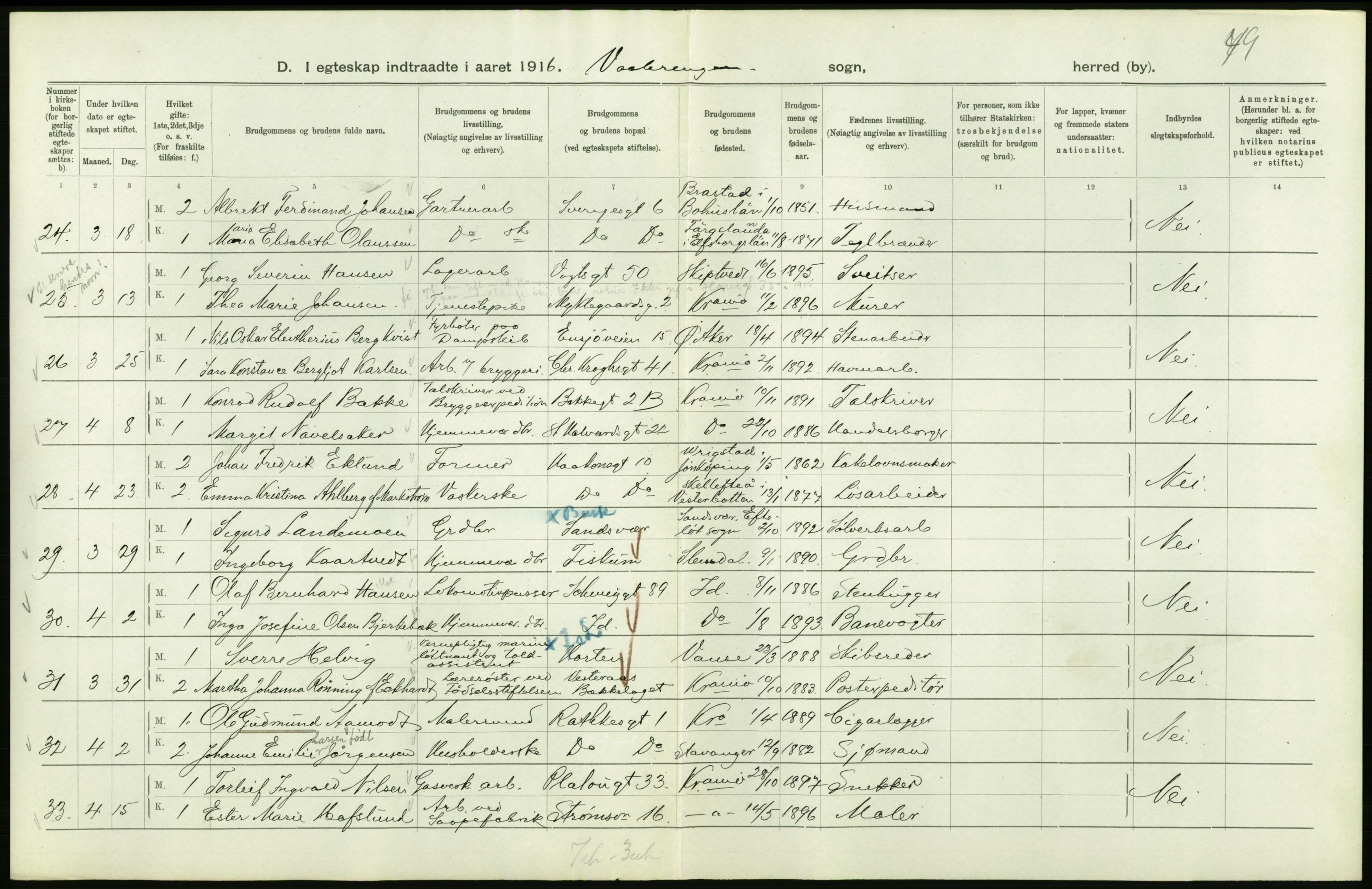 Statistisk sentralbyrå, Sosiodemografiske emner, Befolkning, RA/S-2228/D/Df/Dfb/Dfbf/L0008: Kristiania: Gifte, 1916, s. 796