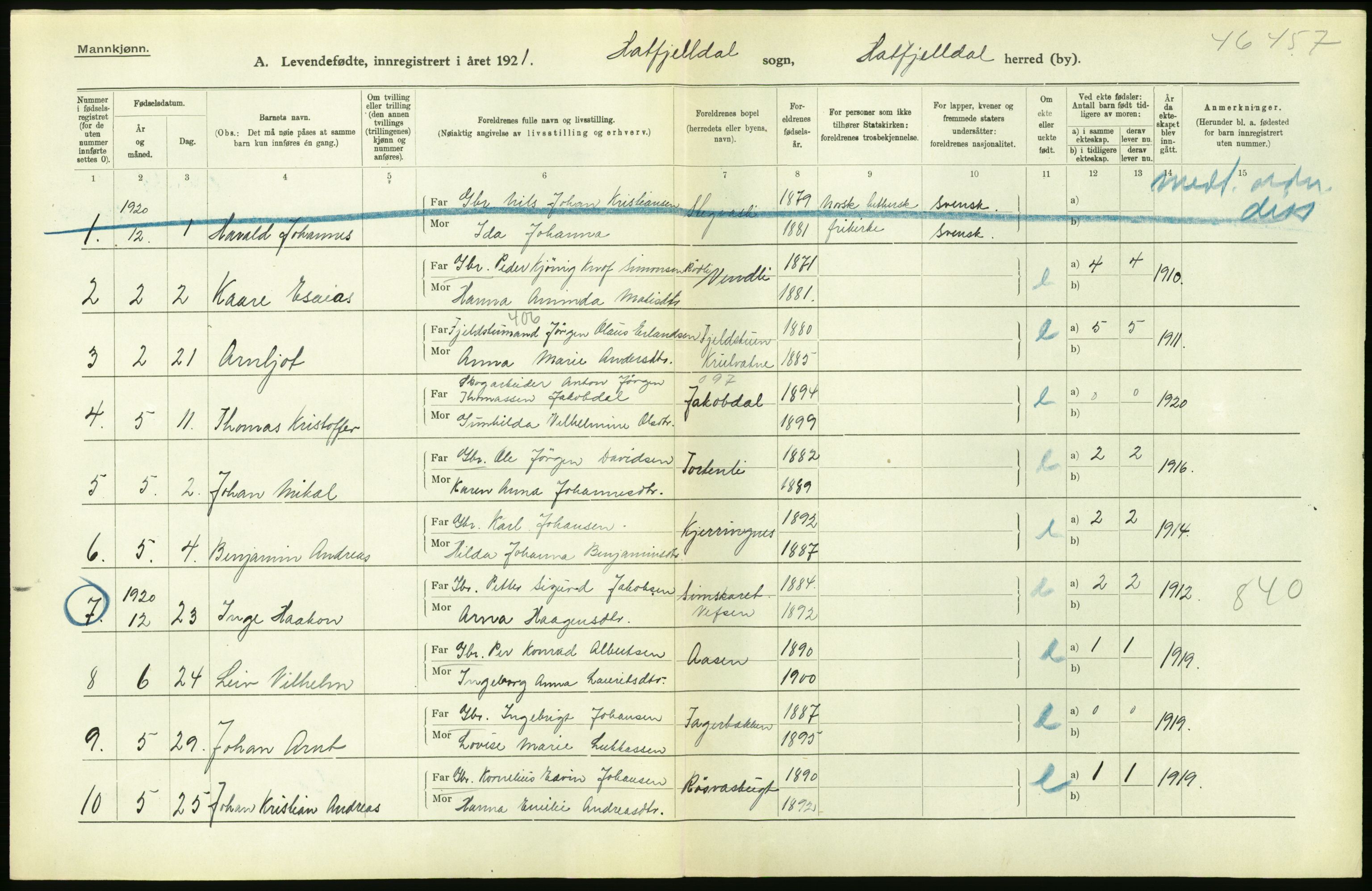 Statistisk sentralbyrå, Sosiodemografiske emner, Befolkning, AV/RA-S-2228/D/Df/Dfc/Dfca/L0049: Nordland fylke: Levendefødte menn og kvinner. Bygder., 1921, s. 522