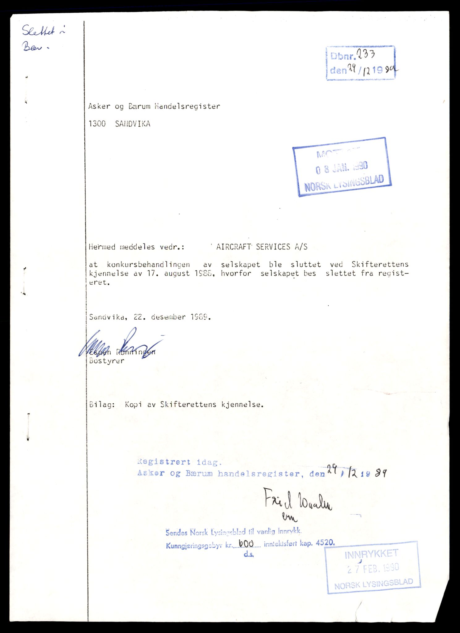 Asker og Bærum tingrett, AV/SAT-A-10379/K/Kb/Kba/L0066: Aksjeselskap, A, 1987-1989, s. 1