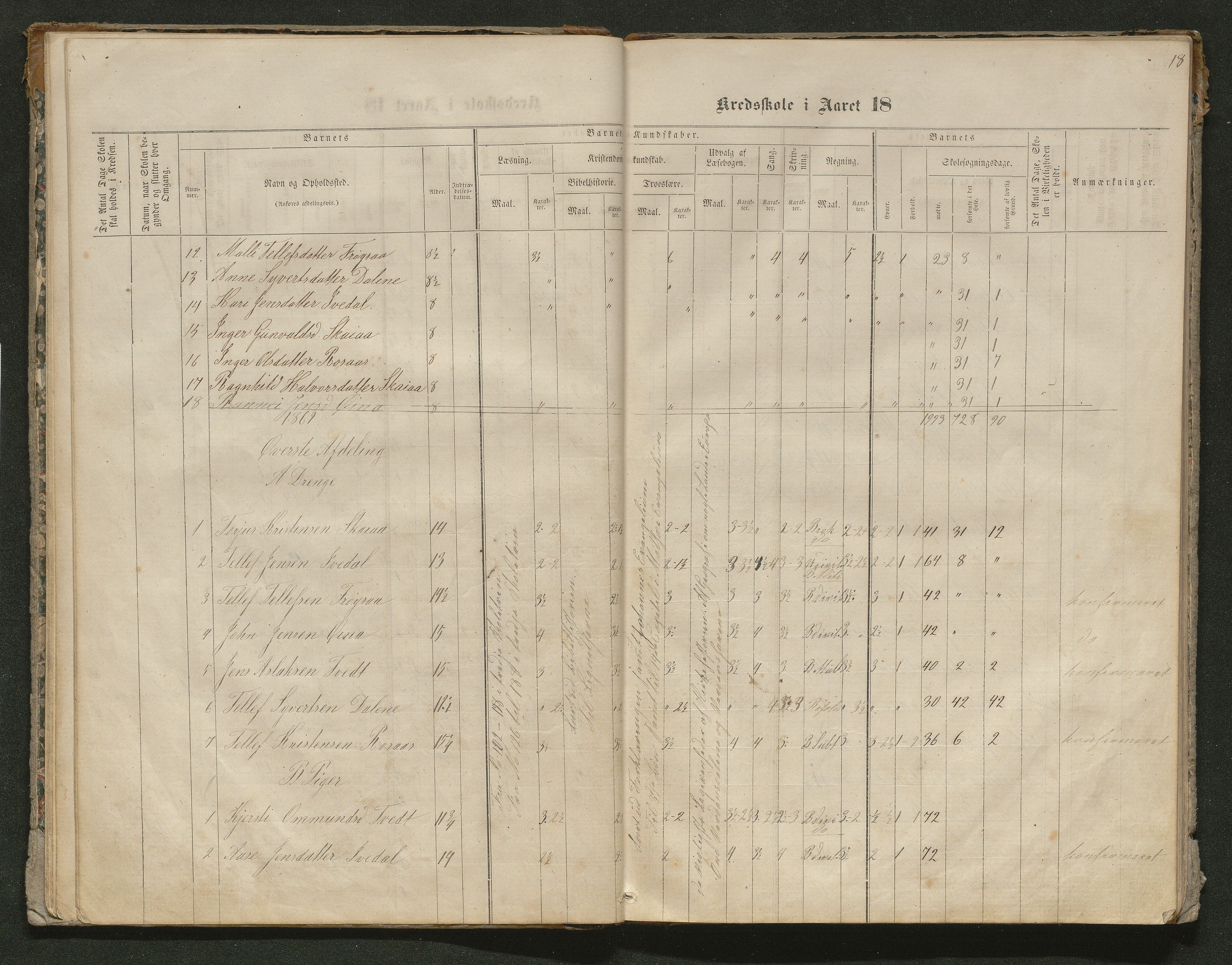 Iveland kommune, De enkelte kretsene/Skolene, AAKS/KA0935-550/A_10/L0005: Skoleprotokoll for Frøyså og Mykland krets, 1864-1881, s. 18