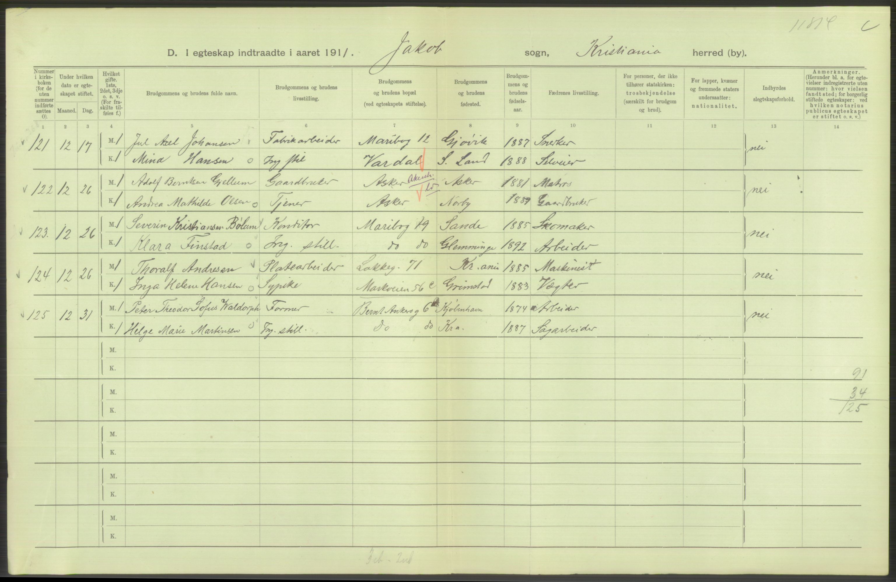 Statistisk sentralbyrå, Sosiodemografiske emner, Befolkning, AV/RA-S-2228/D/Df/Dfb/Dfba/L0008: Kristiania: Gifte, 1911, s. 138