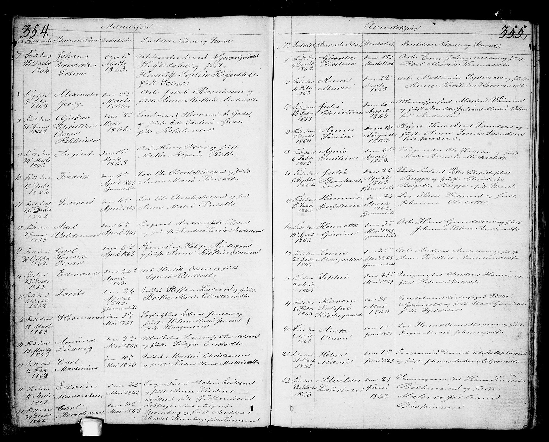 Fredrikstad prestekontor Kirkebøker, AV/SAO-A-11082/G/Ga/L0001: Klokkerbok nr. 1, 1824-1879, s. 354-355